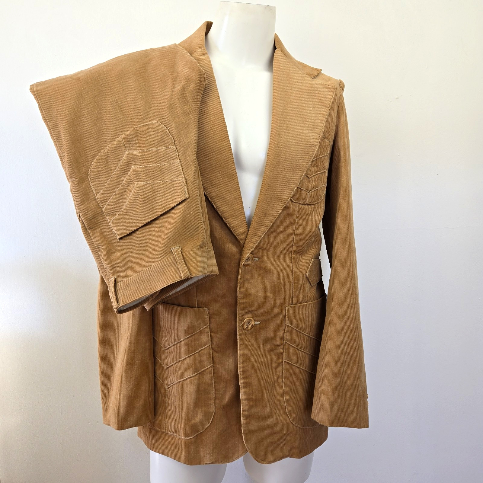 VTG 70s Spatz Corduroy Disco Western Suit Tan Mens S/M 38-40 Jacket 30x32 Pants