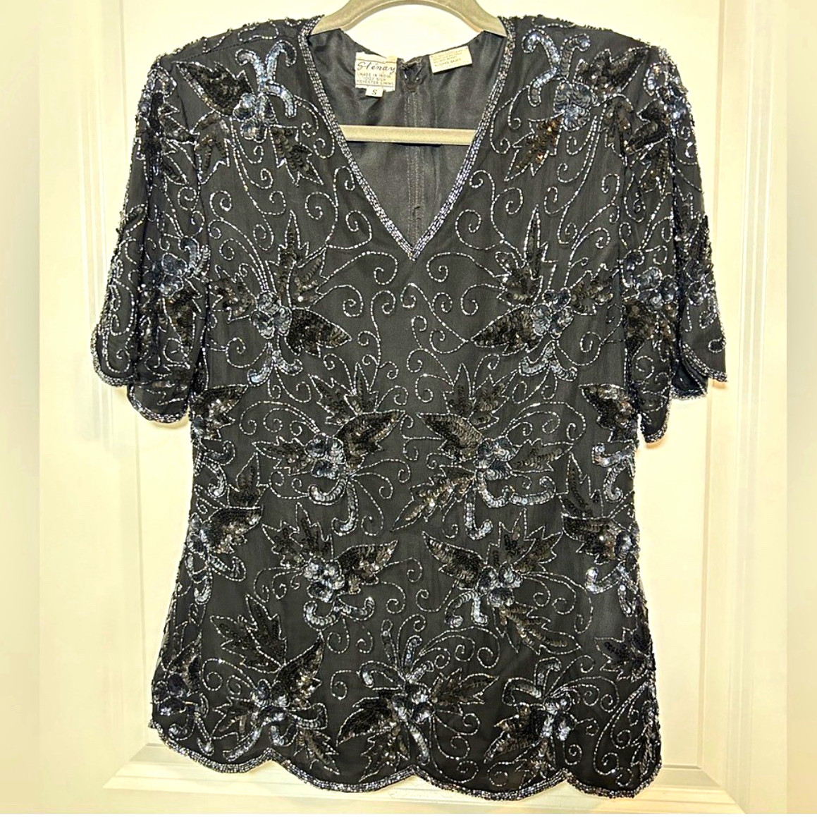 Vintage  Black 100% Silk Chiffon Beaded Sequin V-Neck Blouse 