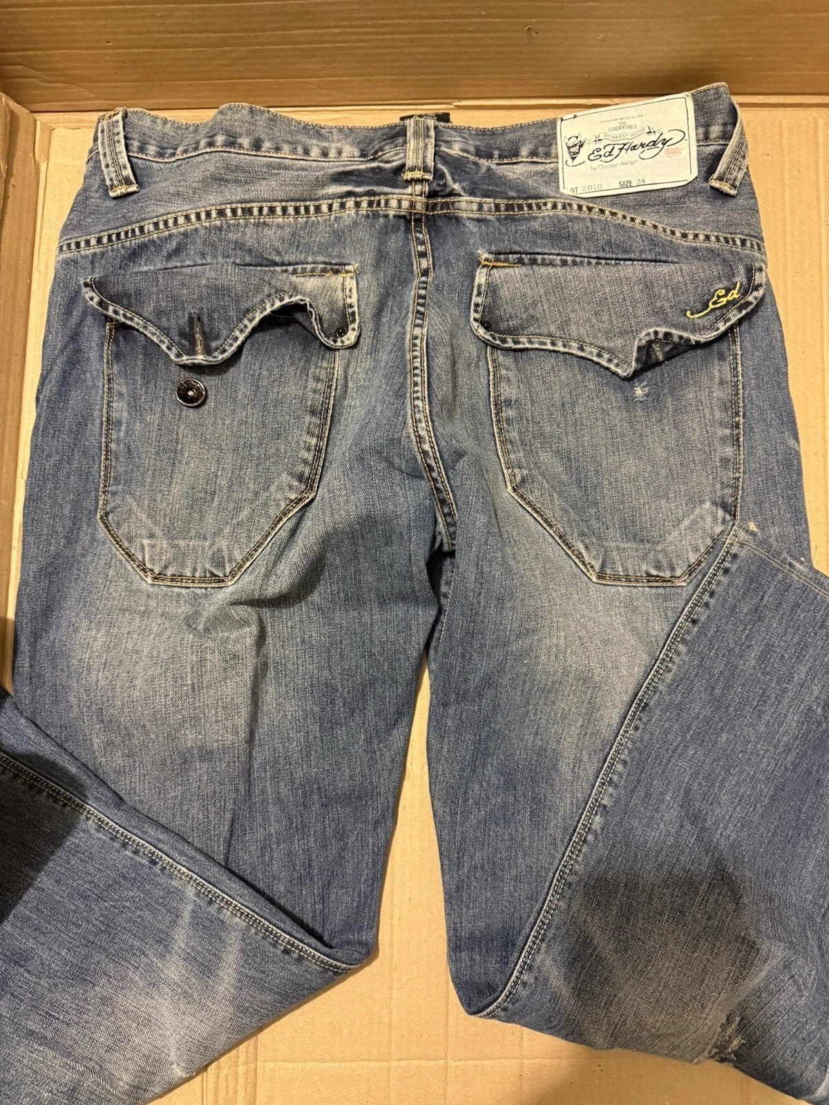 Ed Hardy Christian Audigier Men’s Blue Distressed Y2K Jeans Button Fly Size 34