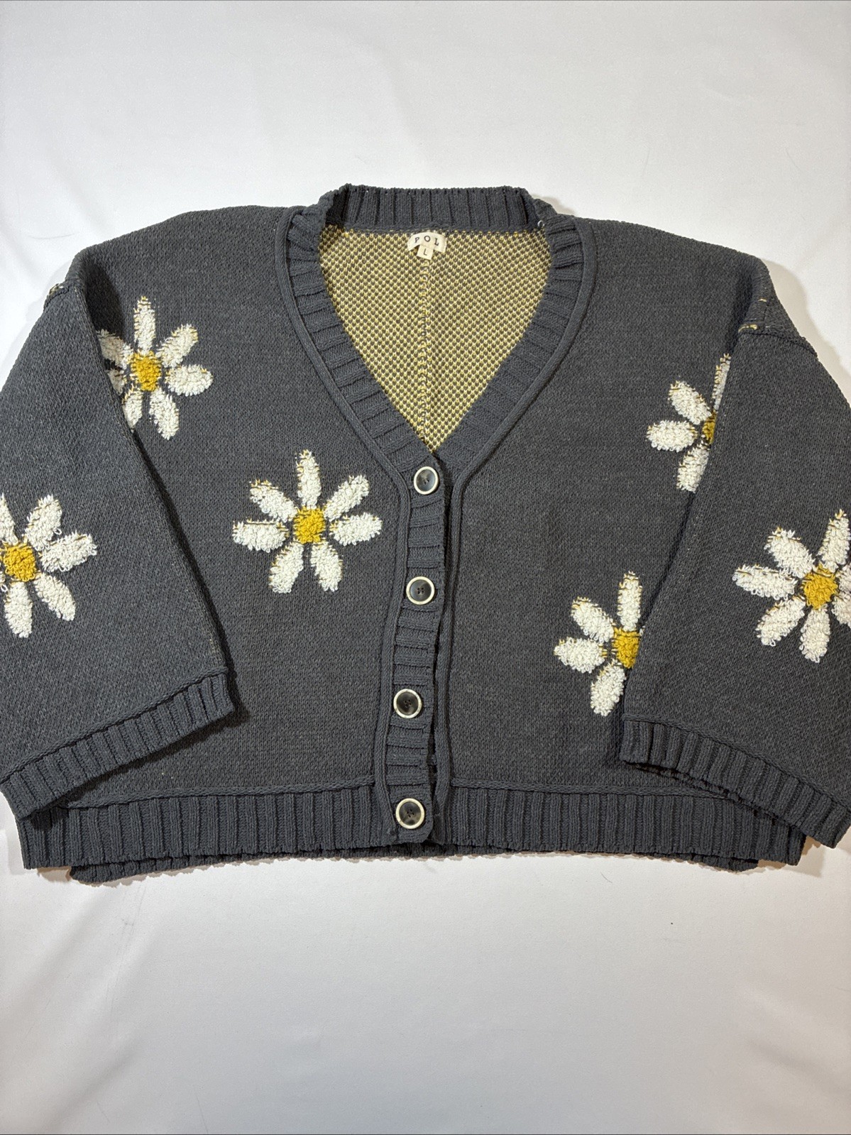 Pol Anthropologie Daisy Embroidered Gray Cardigan Sweater Size L