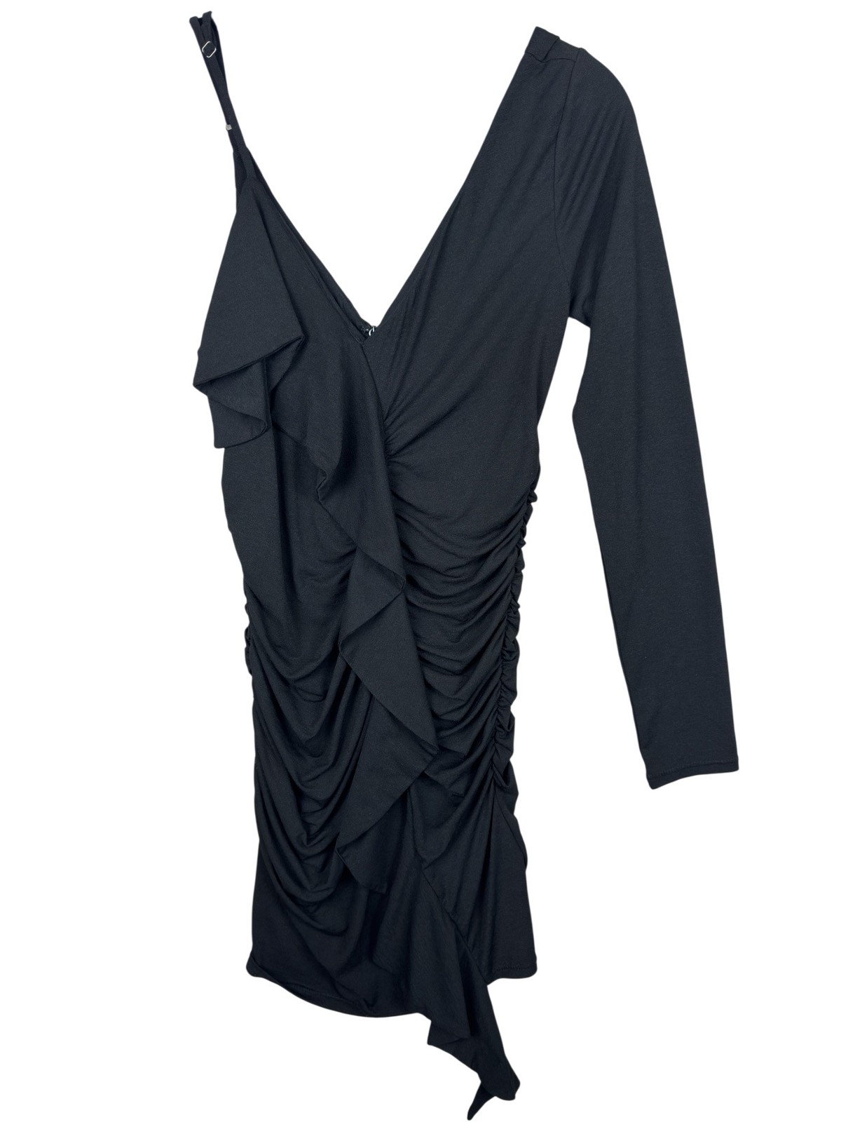 NBD Womens XS Black One Shoulder Ruched Ruffle Mini Dress Asymmetric Party