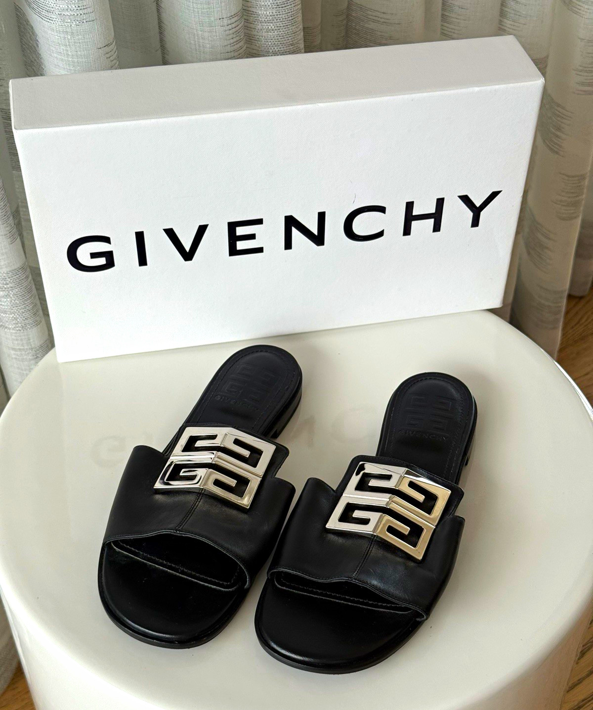 Givenchy 4g Metal Logo-Plaque Black Leather Mule Sandals EU 37 (New w/ Box)