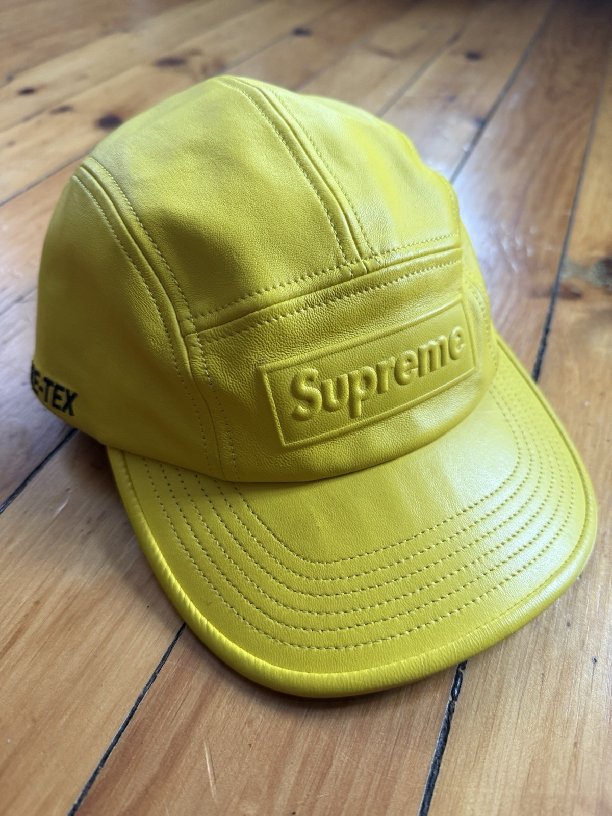 Supreme Canary Yellow Goretex Leather Camp Cap SS22 NWT Rare Embossed