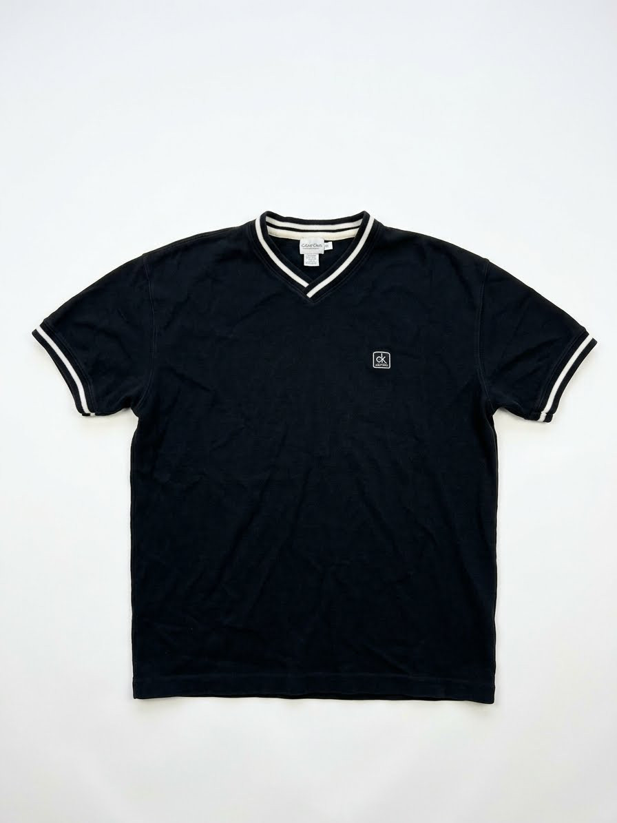 1990’s Vintage Calvin Klein Jeans V-Neck T-Shirt Size M Black Striped Collar