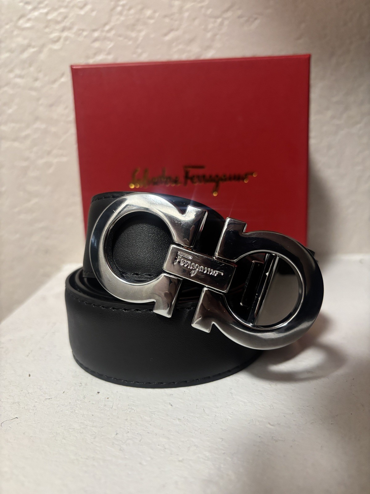 Salvatore Ferragamo Men\'s Black Dress Belt with Silver Buckle size 36