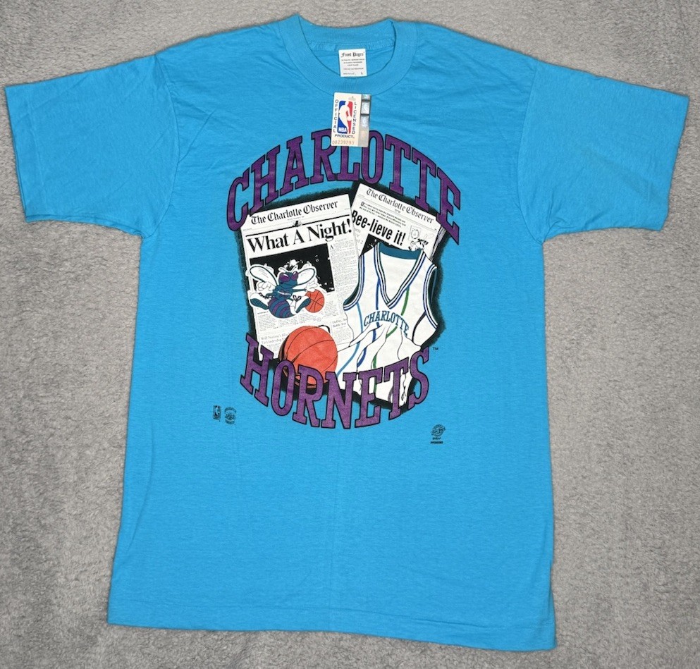 RARE VTG Front Pages Charlotte Hornets Newspaper Print Mens L Single Stitch NWT