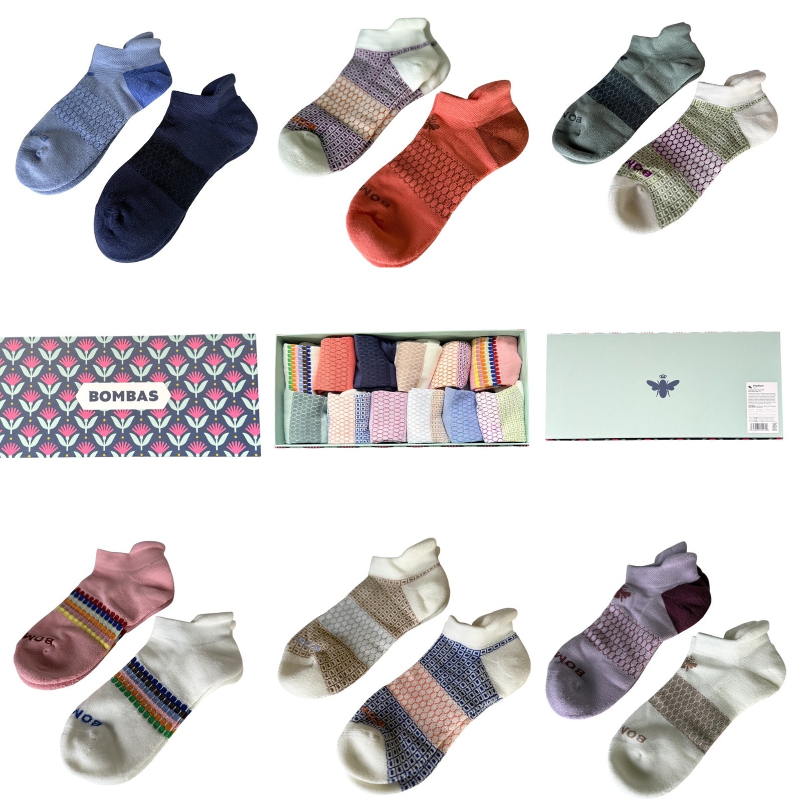 12-Pack Bombas Gift Box Tri-Color Ankle Socks (12-Pairs) - Women Size Medium