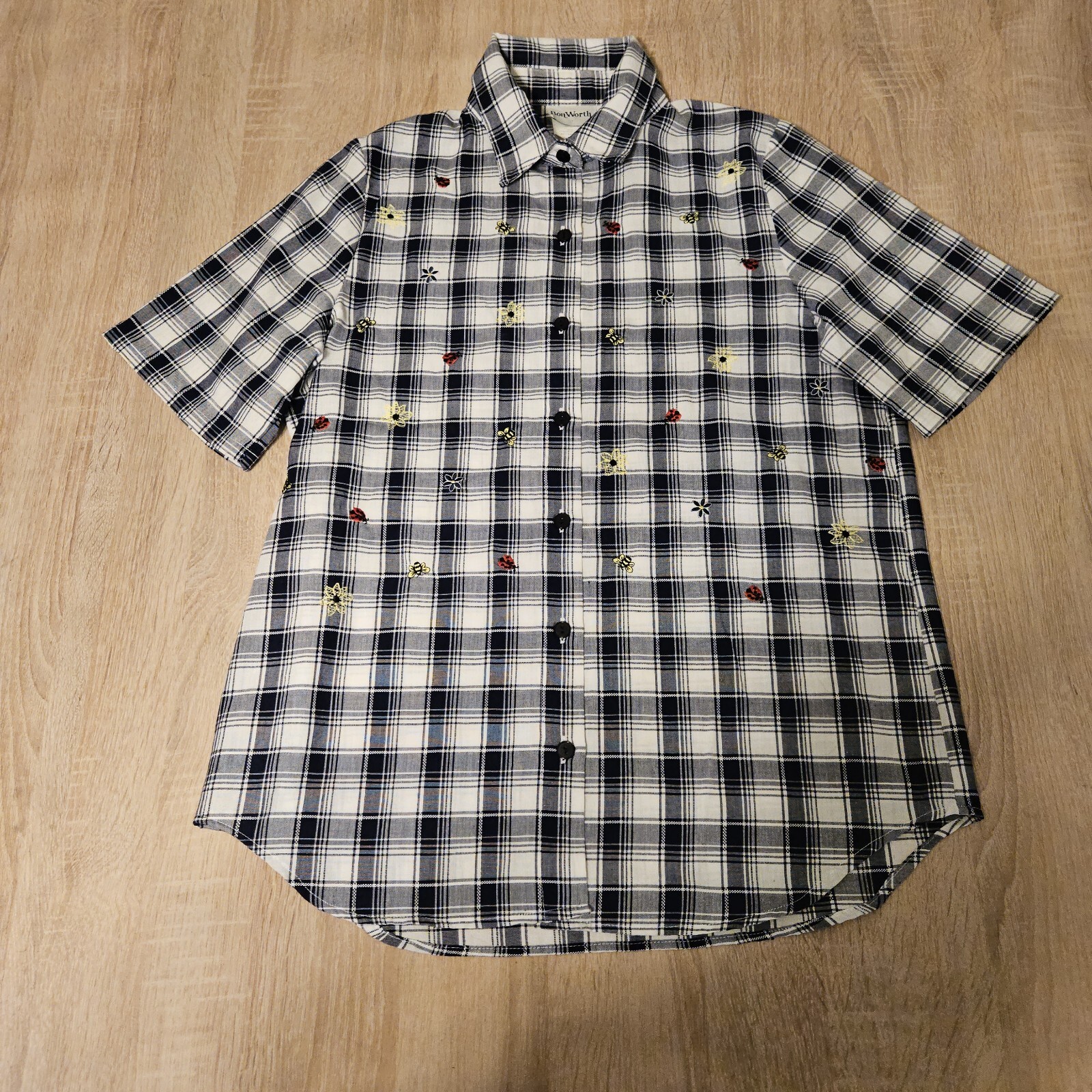 Bon Worth Size Xs Womens Blue Plaid Shirt Embroidrred Bees Flowers Ladybugs