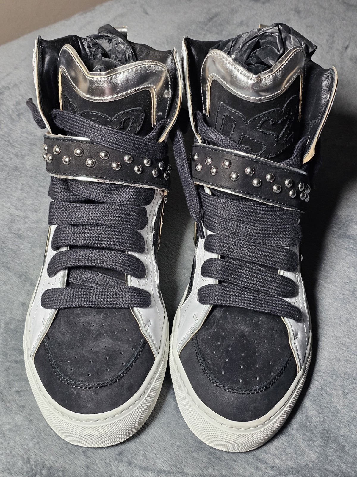 DSQUARED2 Studded High Top Sneakers Black White Silver Leather EU 43 US 10 Italy