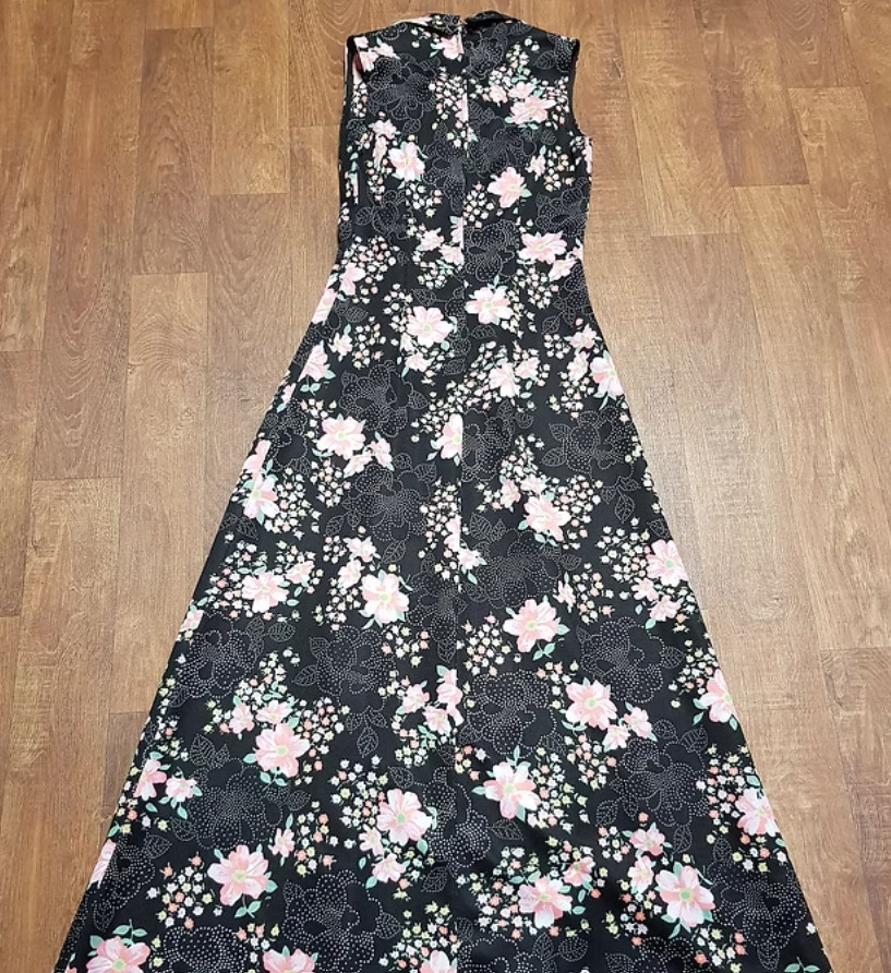 Vintage Dress | 1970s Vintage Black Floral Maxi Dress Size 10