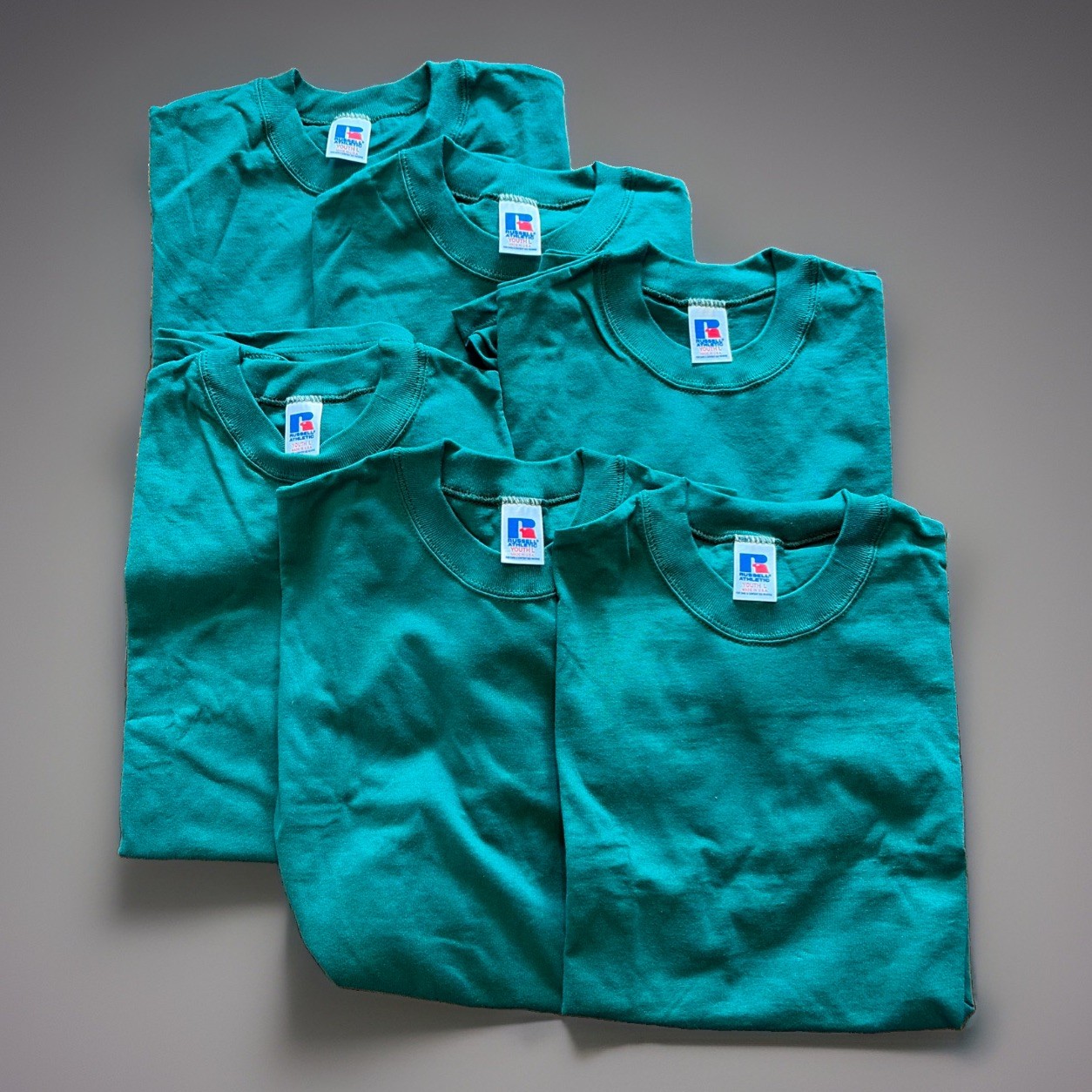 New NOS Vintage Russell Athletic Youth L Dark Green Basic T-Shirt Lot of 6