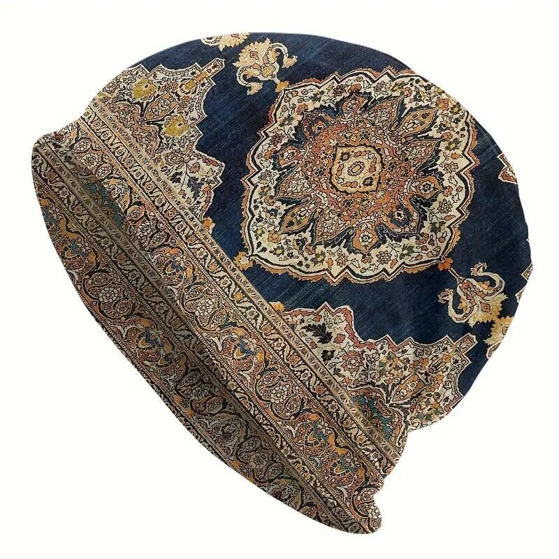 Floral Beanie Boho Knit Hat Casual Navy Blue Brown Elastic Skull Cap Women Men