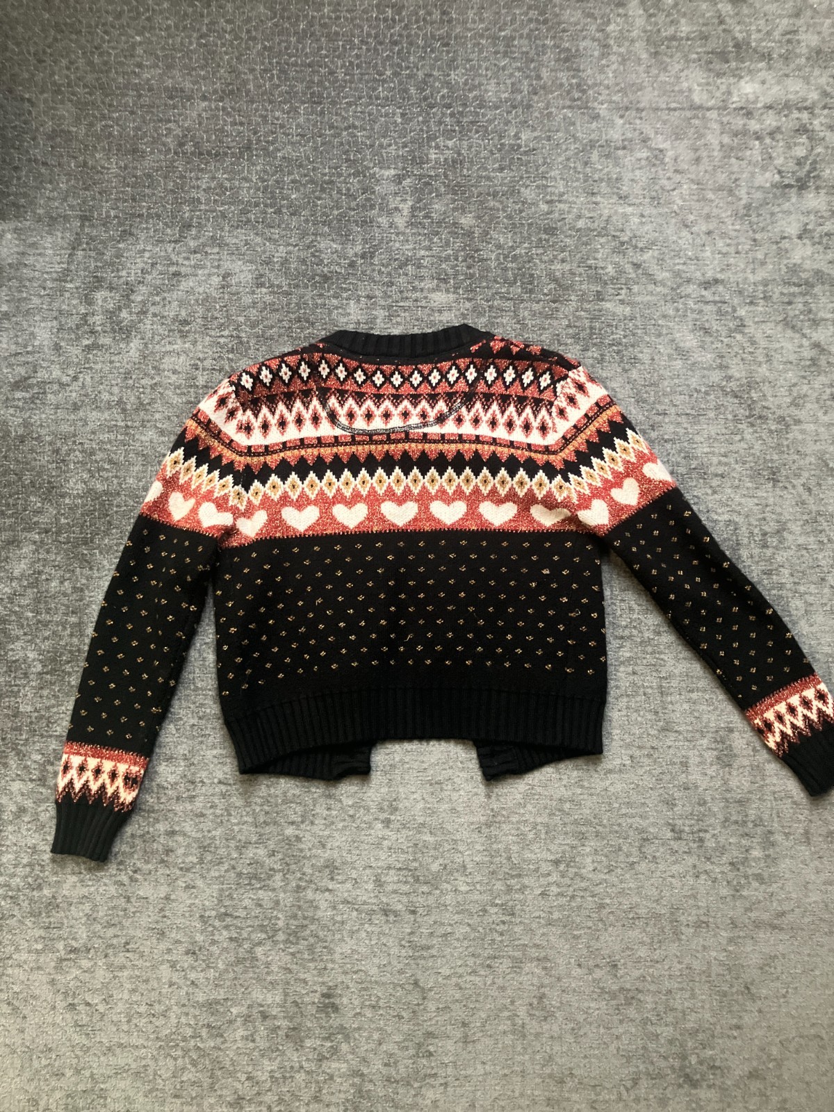 Imoga Cardigan Sweater Girls 8 Black Fair Isle Heart Details Knit Button Front