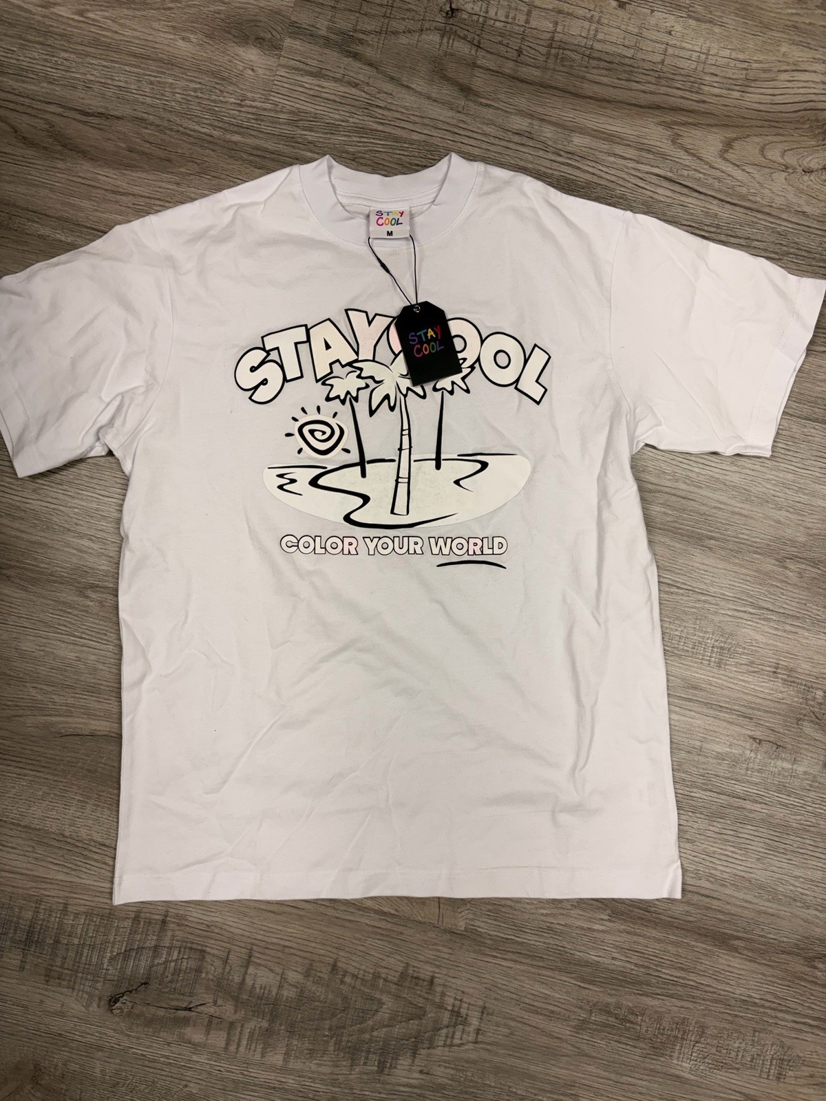 STAY COOL Color Your World White Graphic T-Shirt Men\'s Size M Cotton Crew Neck