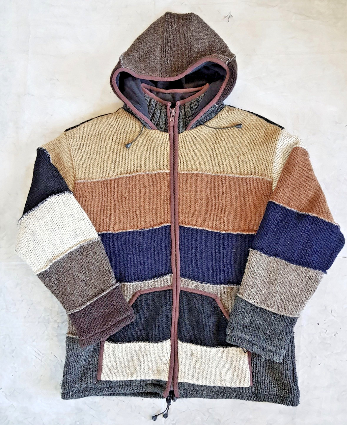 Vintage Laundromat Patchwork Wool Jacket Fleece Lined Hooded Made In Nepal XL