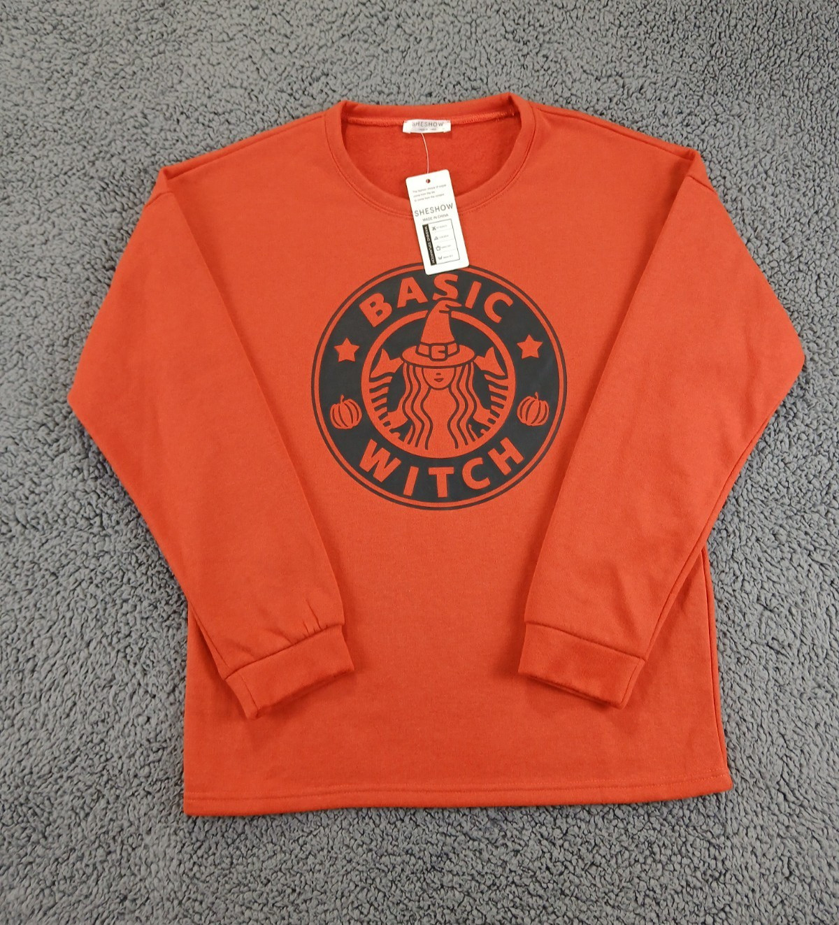 Sheshow BASIC WITCH Orange Graphic Fleece Sweater Women Medium Halloween Theme