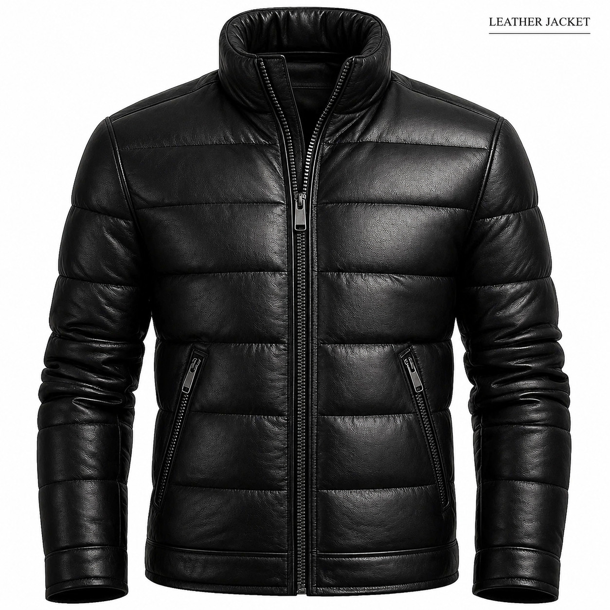 New Men’s Black Genuine Leather Puffer Jacket Warm Winter Quilted Outerwear 2026