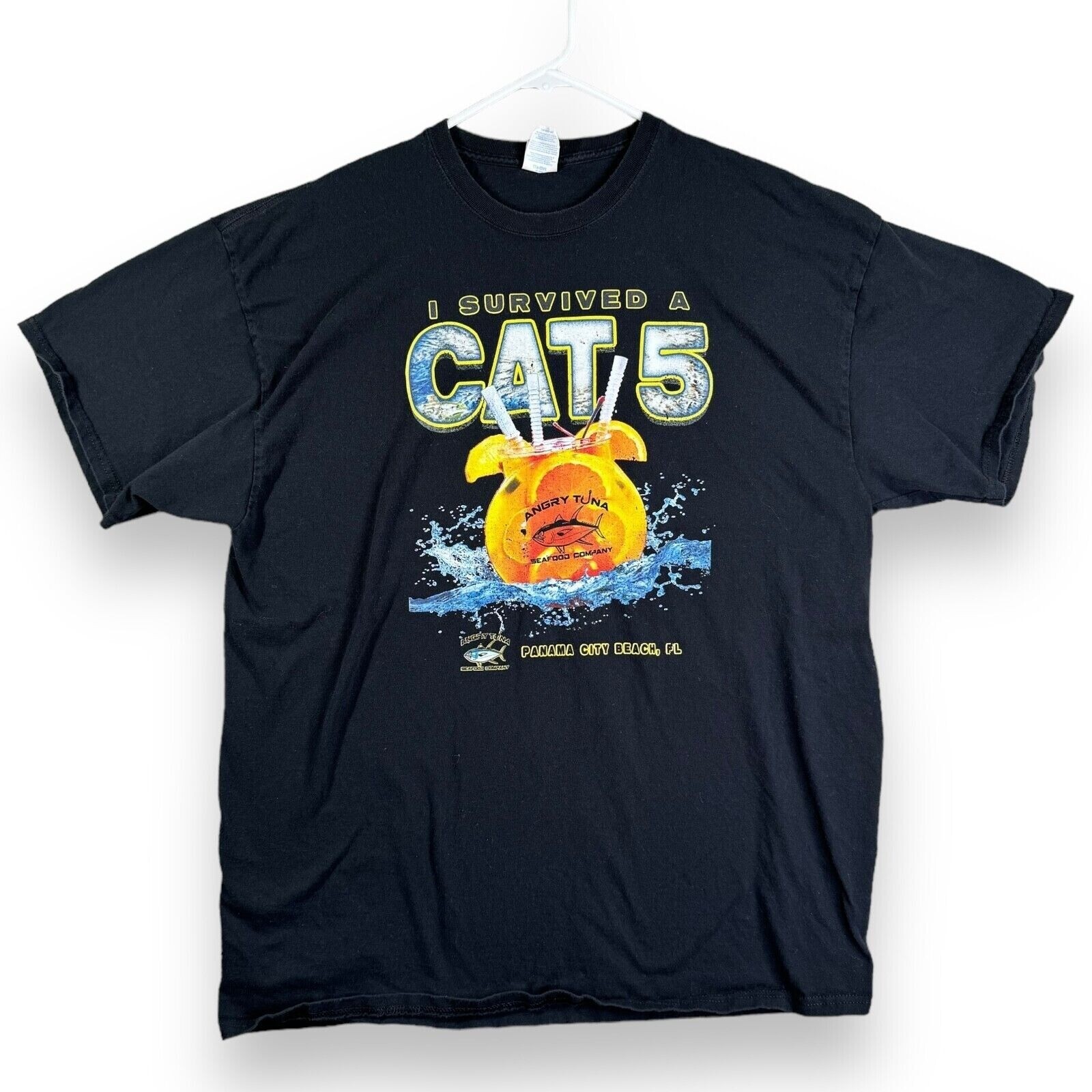 Angry Tuna T Shirt Mens 2XL Black Short Sleeve Panama City Beach Survived Cat 5