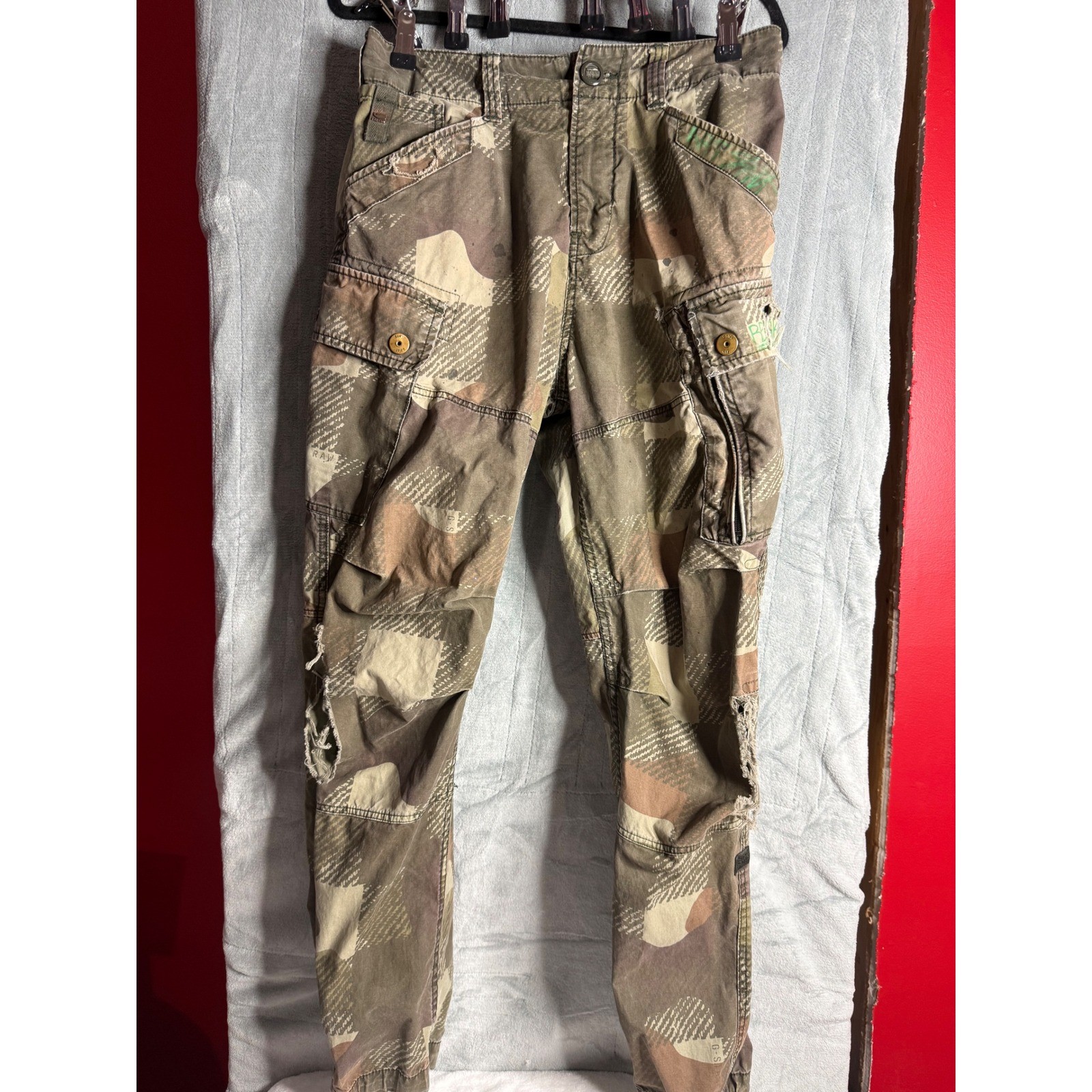 G-Star Raw Mens Camo Cargo Pants 31x32 Distressed Tapered Utility Trousers