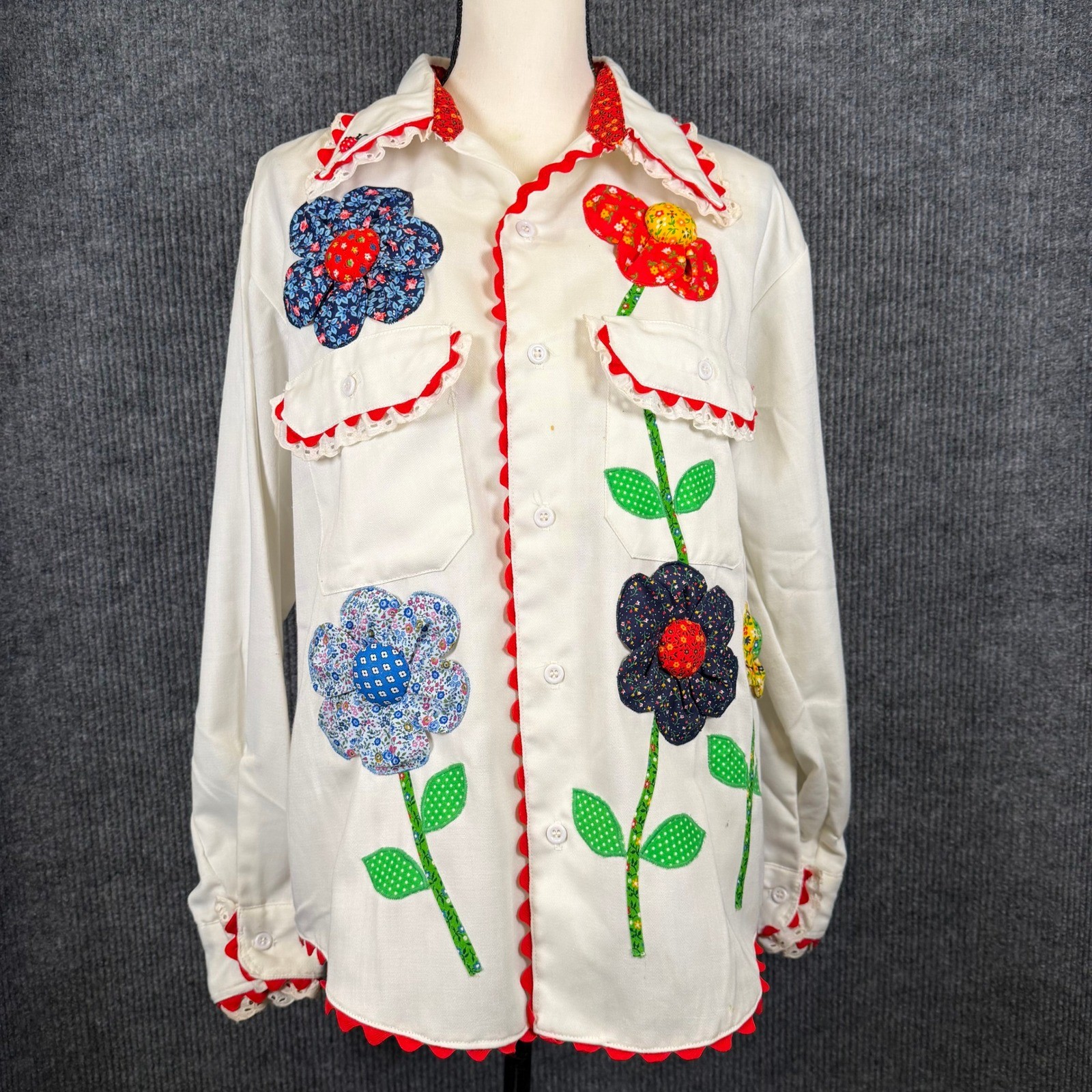 VTG 70s Polly Hayes 3D Flower Patchwork Shirt L Retro Ladybug Art Cottage OOAK