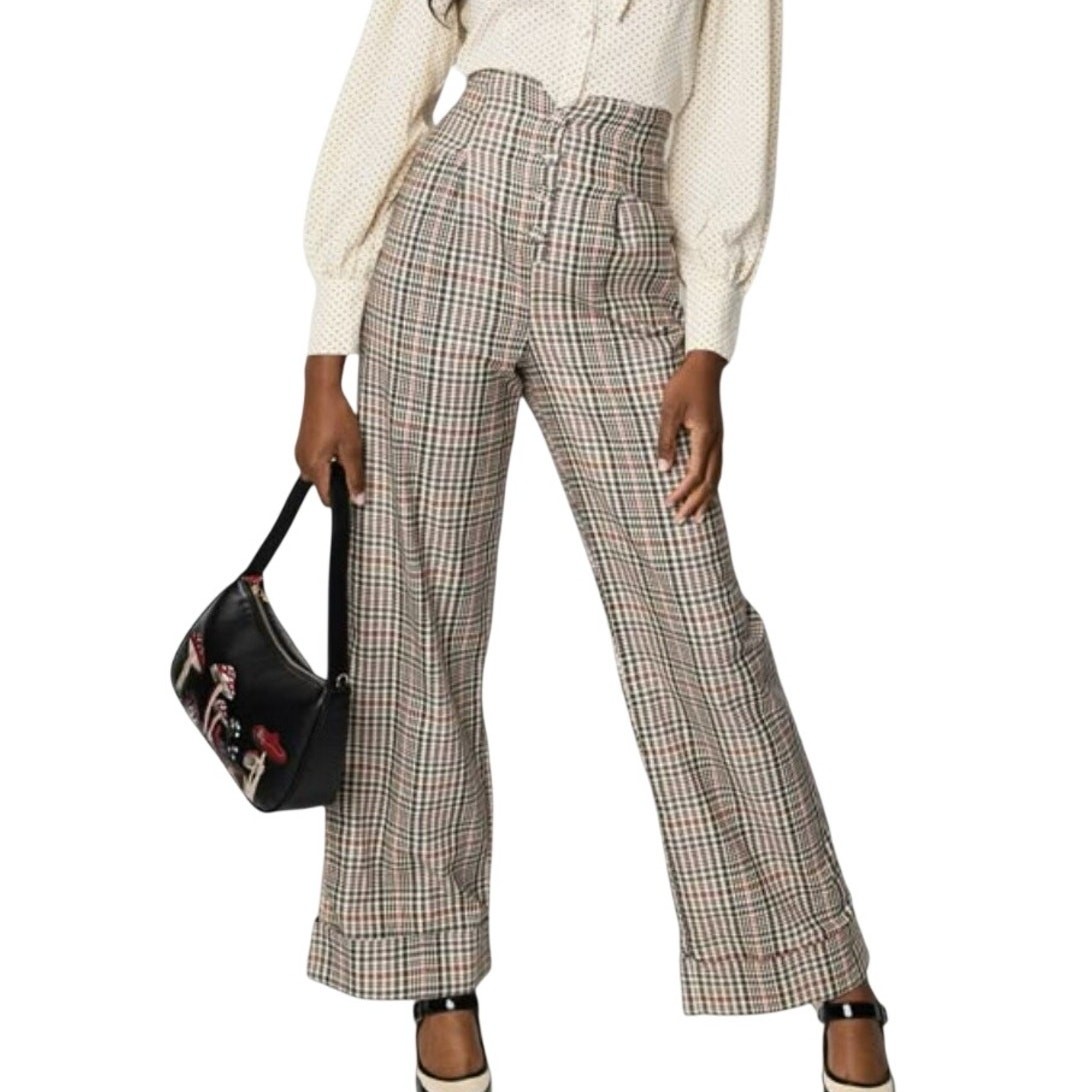 Unique Vintage Cream Tan Plaid Ultra High Rise Straight Leg Pants M