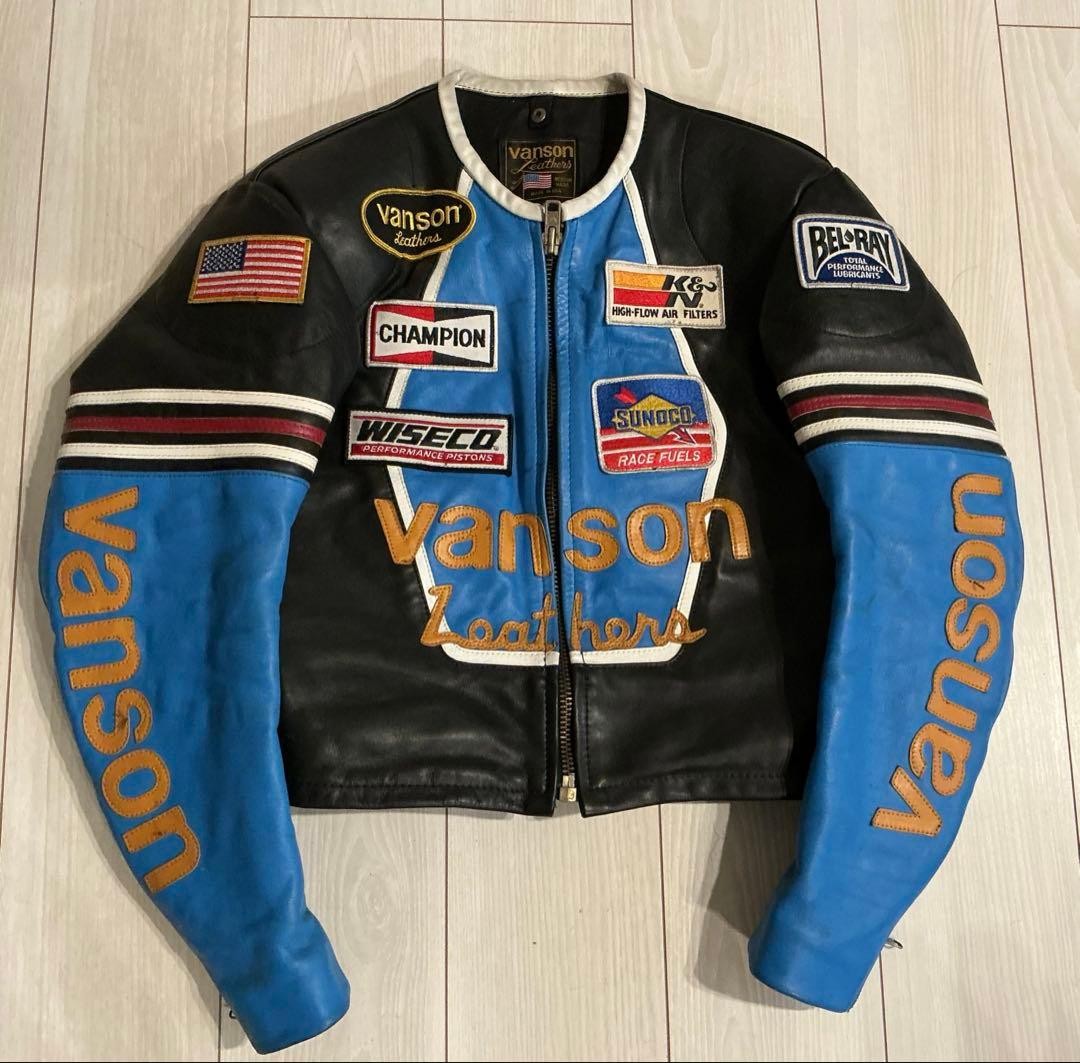 [Rare] Vanson Leather Jacket with Star Patch, Size 38, Blue #0928