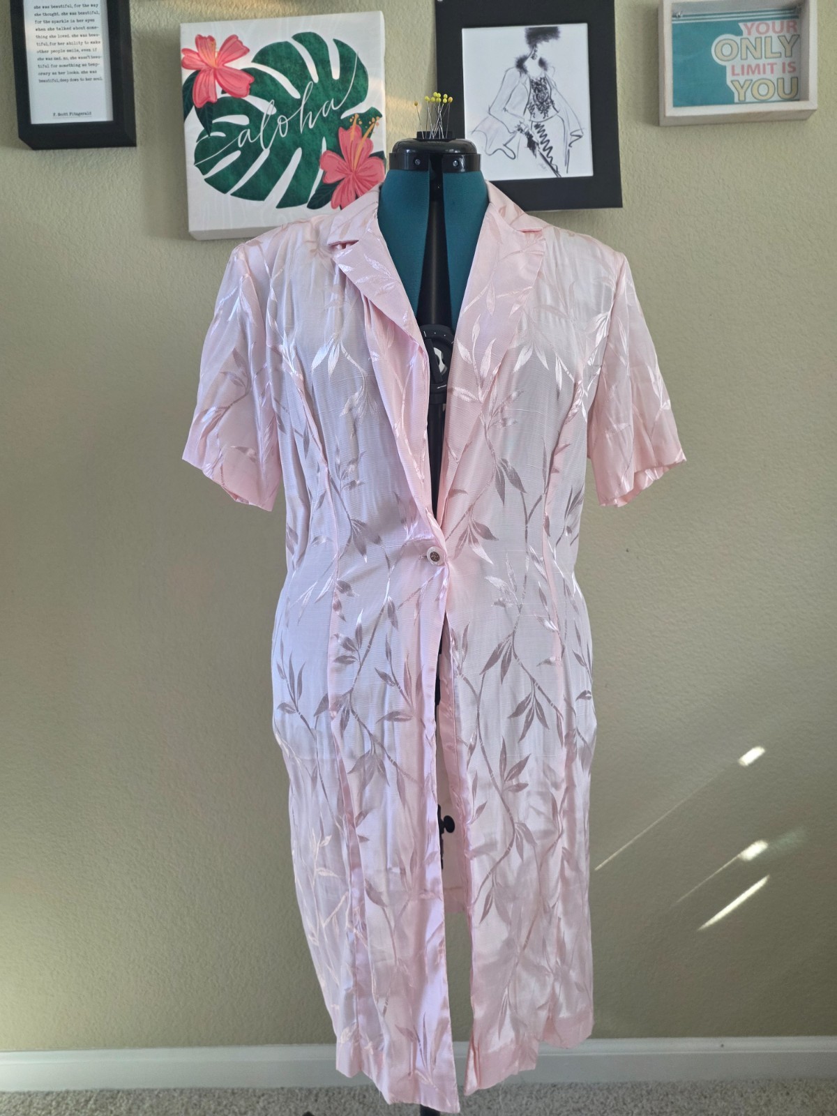 Vintage Sheri Martin New York Pastel Pink Jacquard Duster Shirt Dress