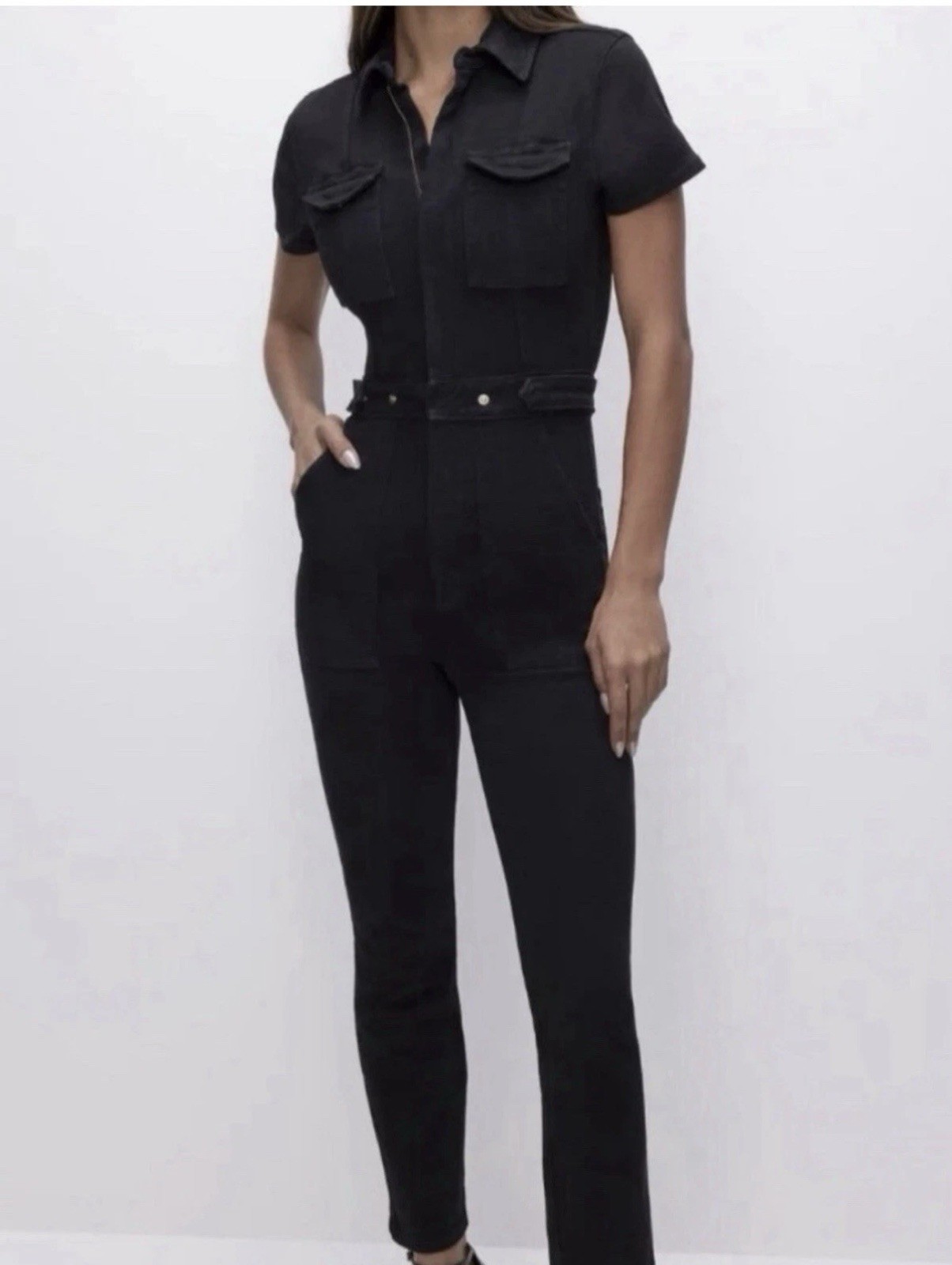 NWT Wmns GOOD AMERICAN Black Denim Jean Coverall Utility Jumpsuit Sz M MSRP$199