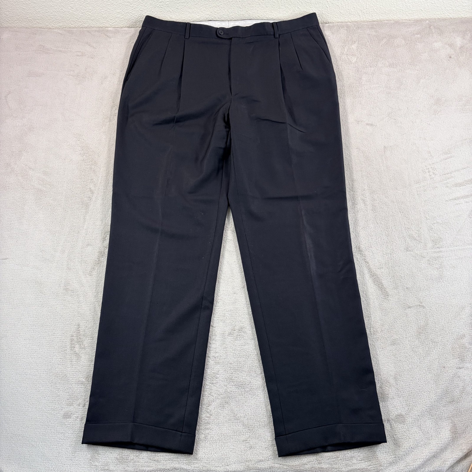 Vintage Zanella Pleated Cuffed Trouser Pants in Black Wool Men 40x34 Italy