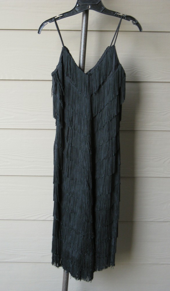 VINTAGE 80s Joy Stevens Black Tiered Fringe Flapper Gatsby Style Dress Size XS