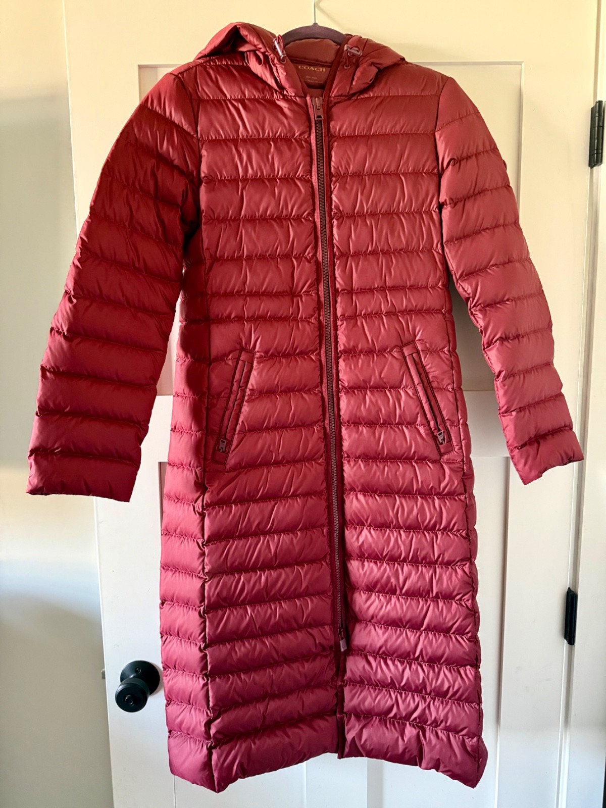 Coach Women’s Small Burgundy Long Down Coat Jacket With Hood