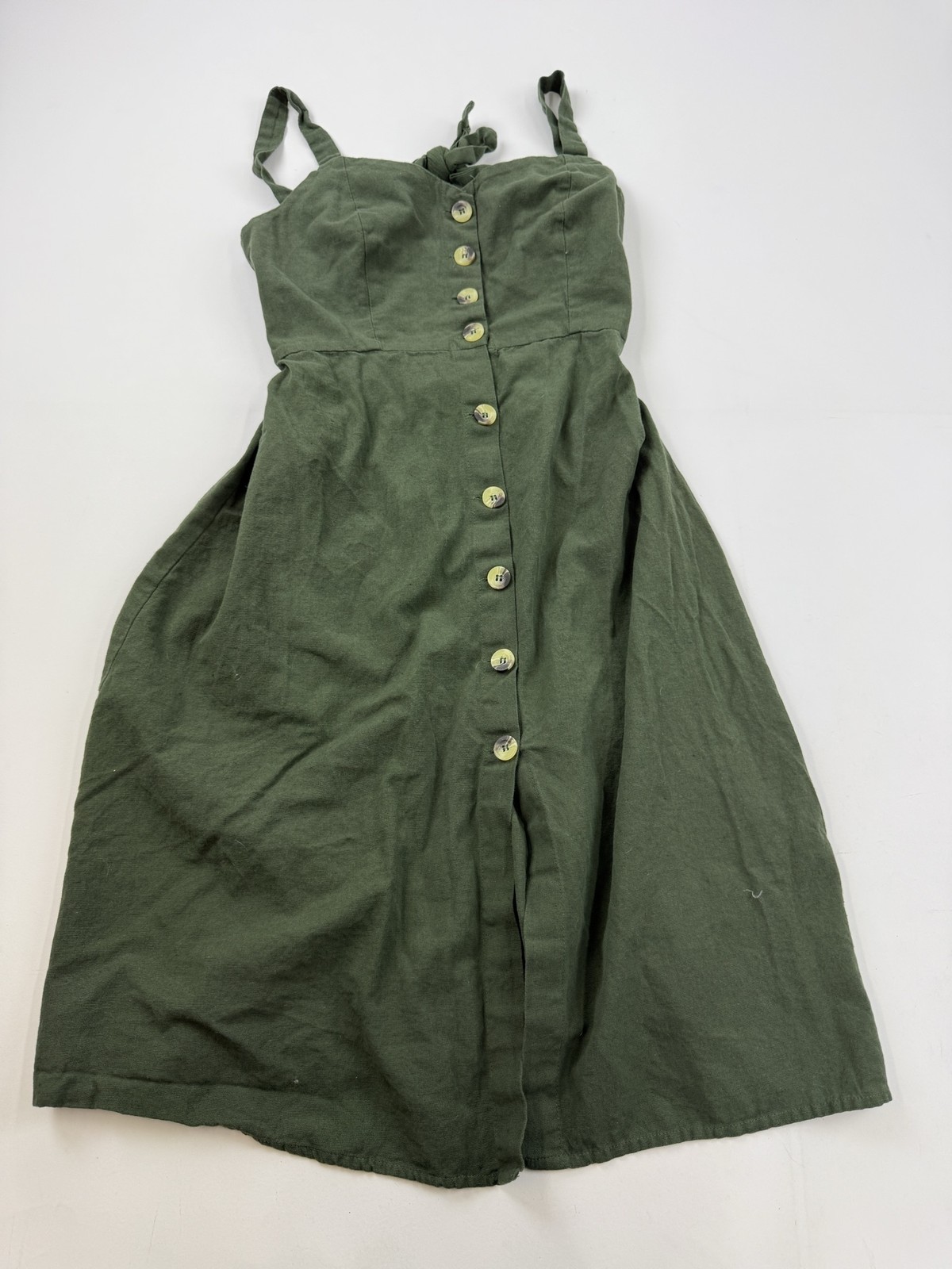 Japna Dress Womens L Green Button Front Smocked Strappy Midi Sundress Linen
