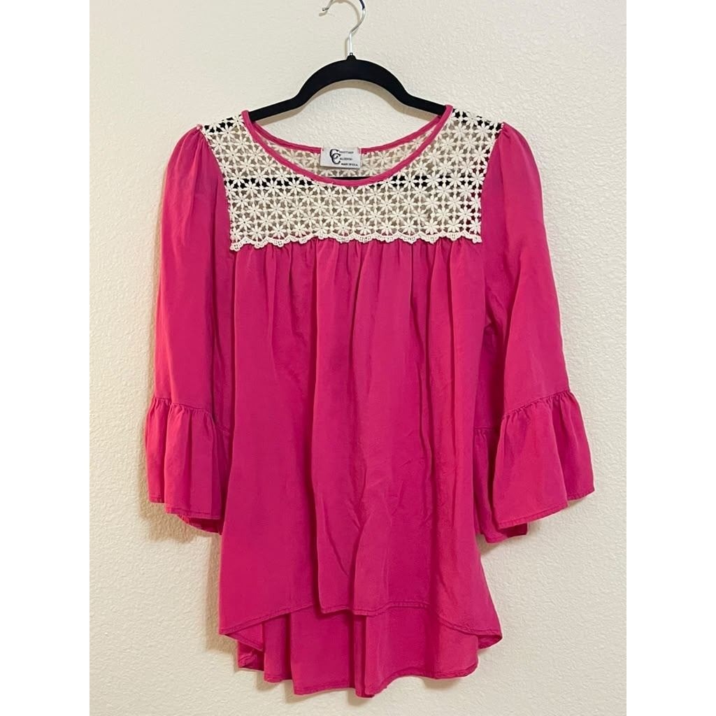 Christian Caliendo Hot Pink Boho Crochet Lace Yoke Bell Sleeve Tunic Top