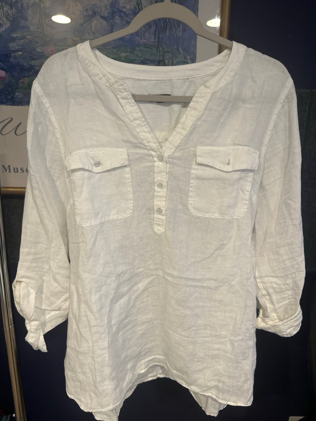 Talbots Women’s White Solid Linen Woven V-Neck 3/4 Sleeve Pullover Blouse L