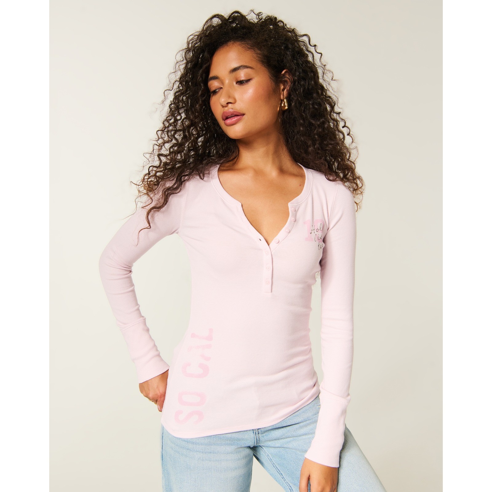 Hollister Women's Logo Graphic Henley, Light Pink