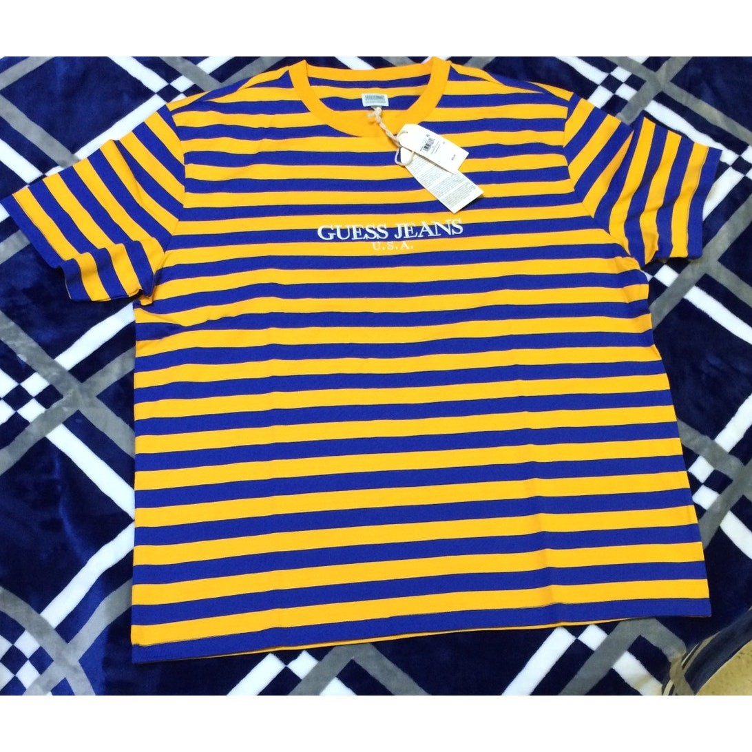 NWT Vintage Guess Jeans Blue Yellow Striped Shirt XL
