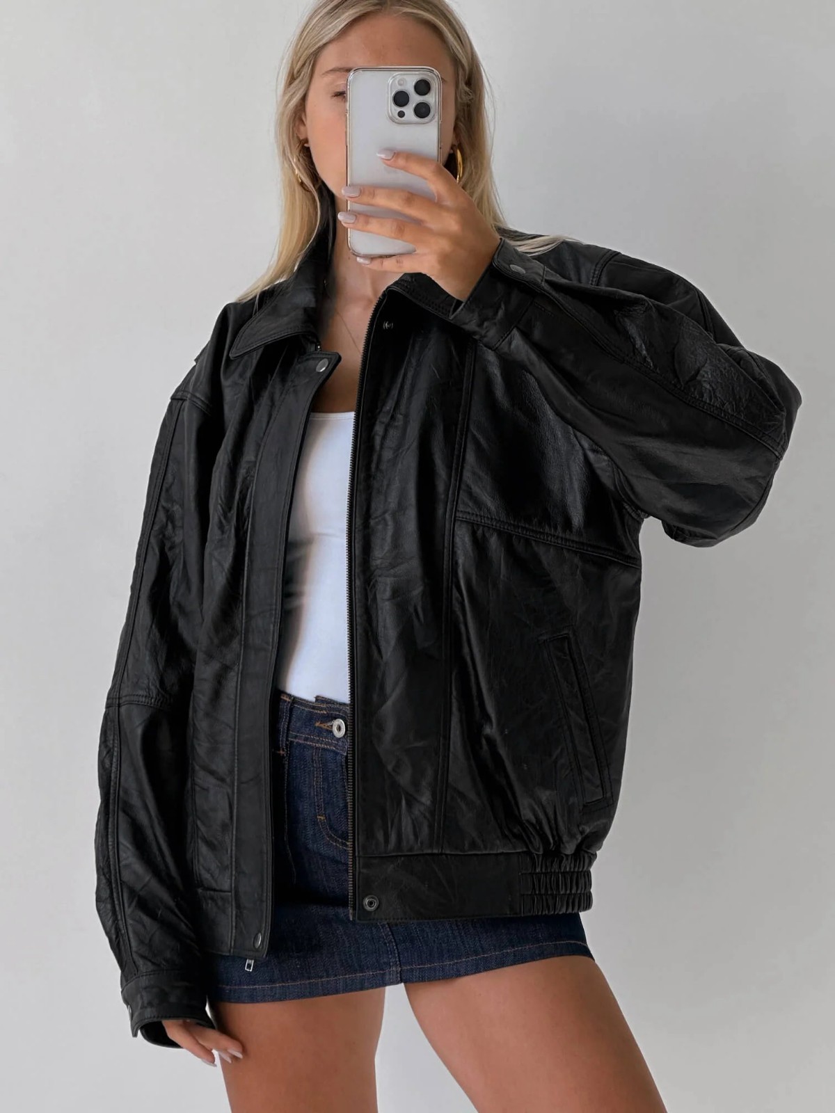 1980s Handmade Oversized Bomber Black Genuine Leather Jacket Women’s Apparel