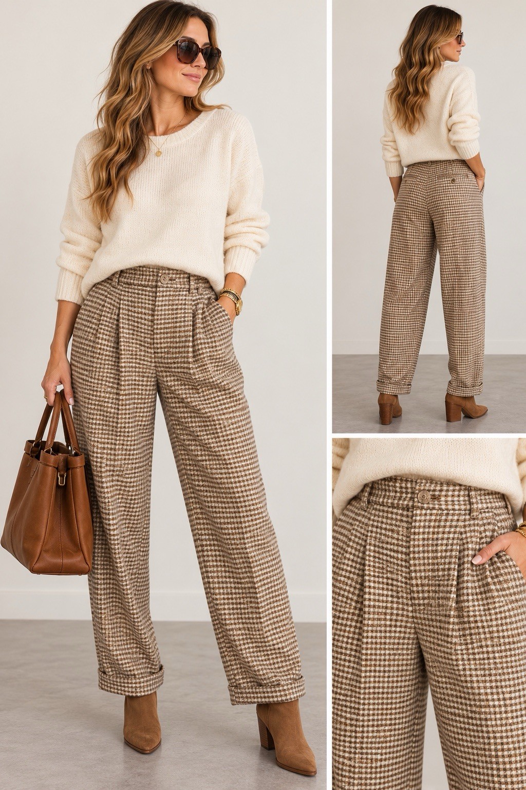 Vintage Talbots Women Size 6 Lambswool Houndstooth Pleated Pants Brown Tan READ