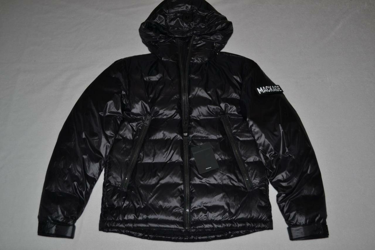 AUTHENTIC MACKAGE MEN  VIC ULTRALIGHT SATEEN DOWN JACKET HOOD BLACK  BRAND NEW