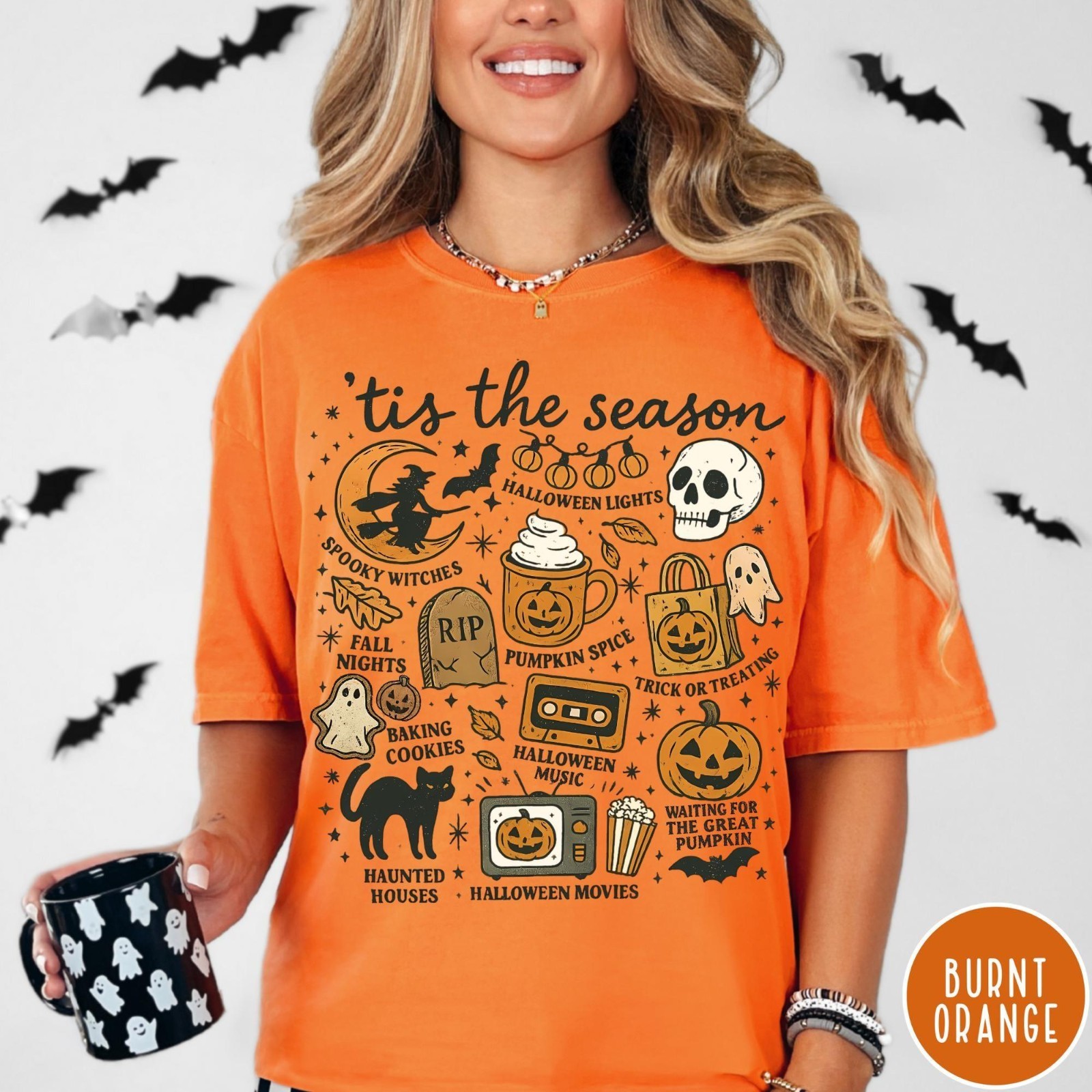 Tis The Season Halloween T-Shirt Spooky Pumpkin Ghost Burnt Orange Fall Tee