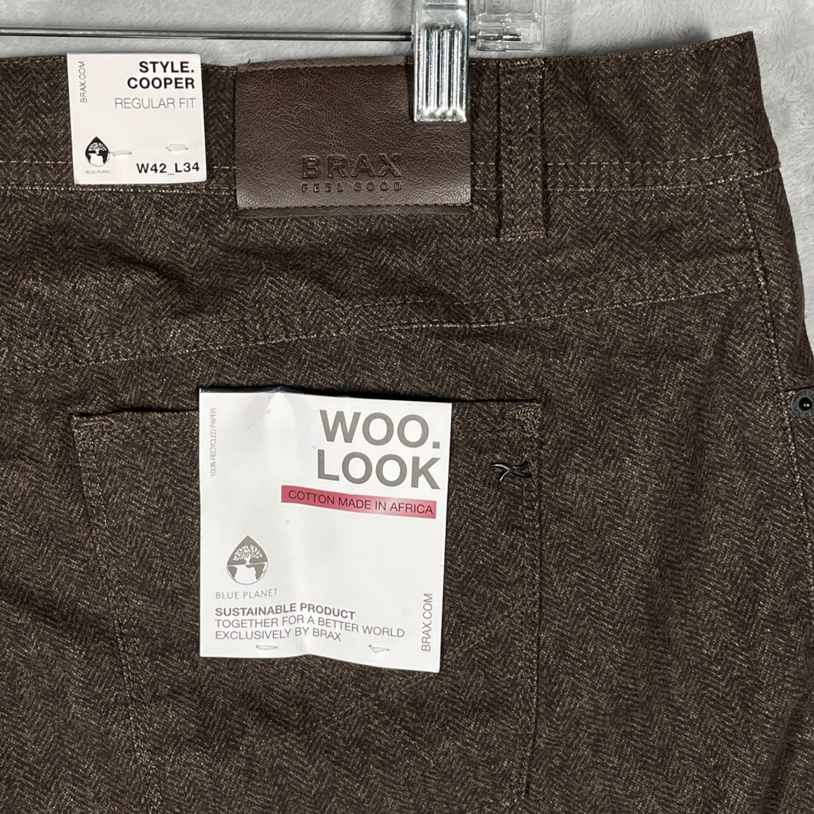 Brax Style Cooper Regular Fit Brown Herringbone Woo Look Pants W42 L34 NEW $235