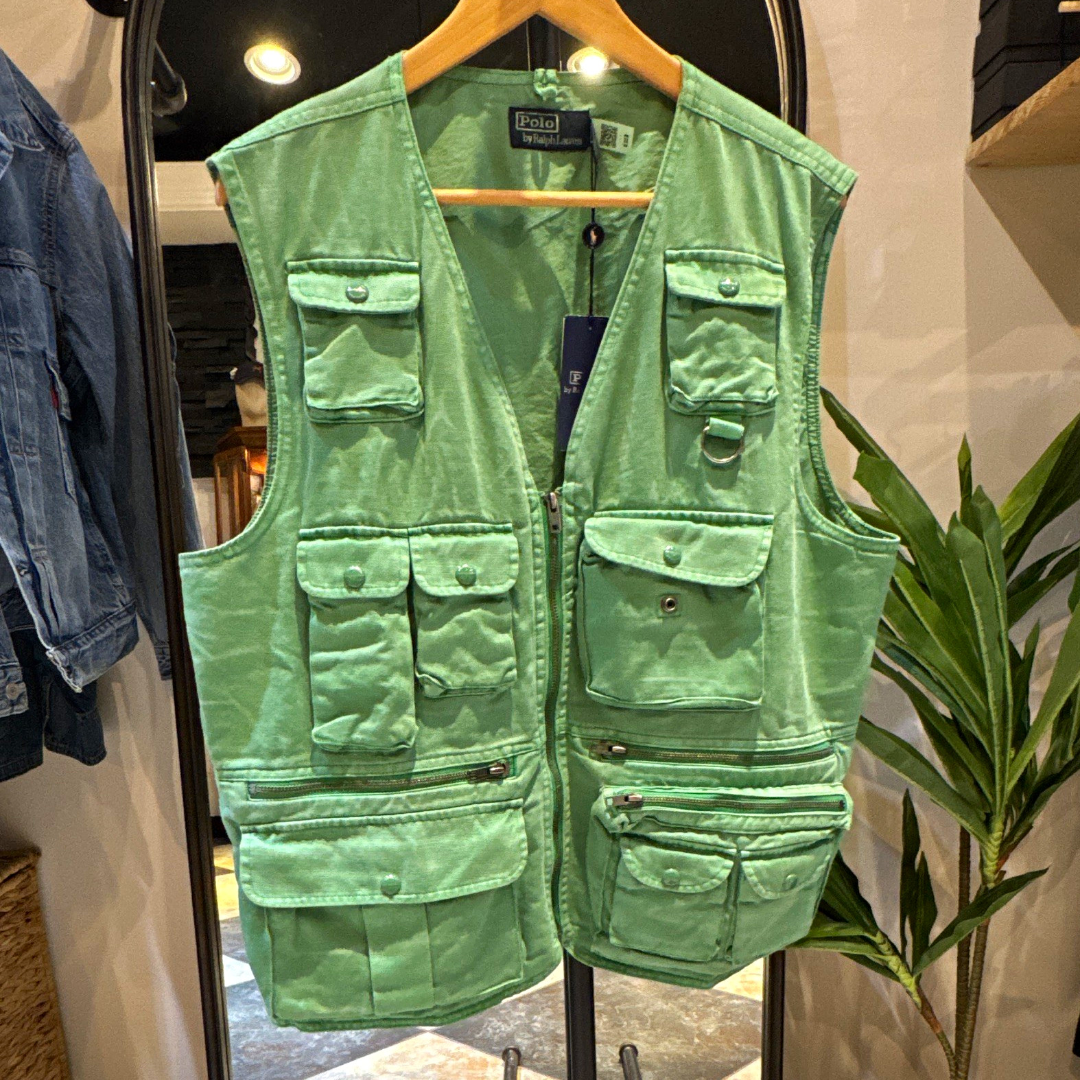 Polo Ralph Lauren Green Cotton Canvas Utility Vest Pockets V-Neck Large