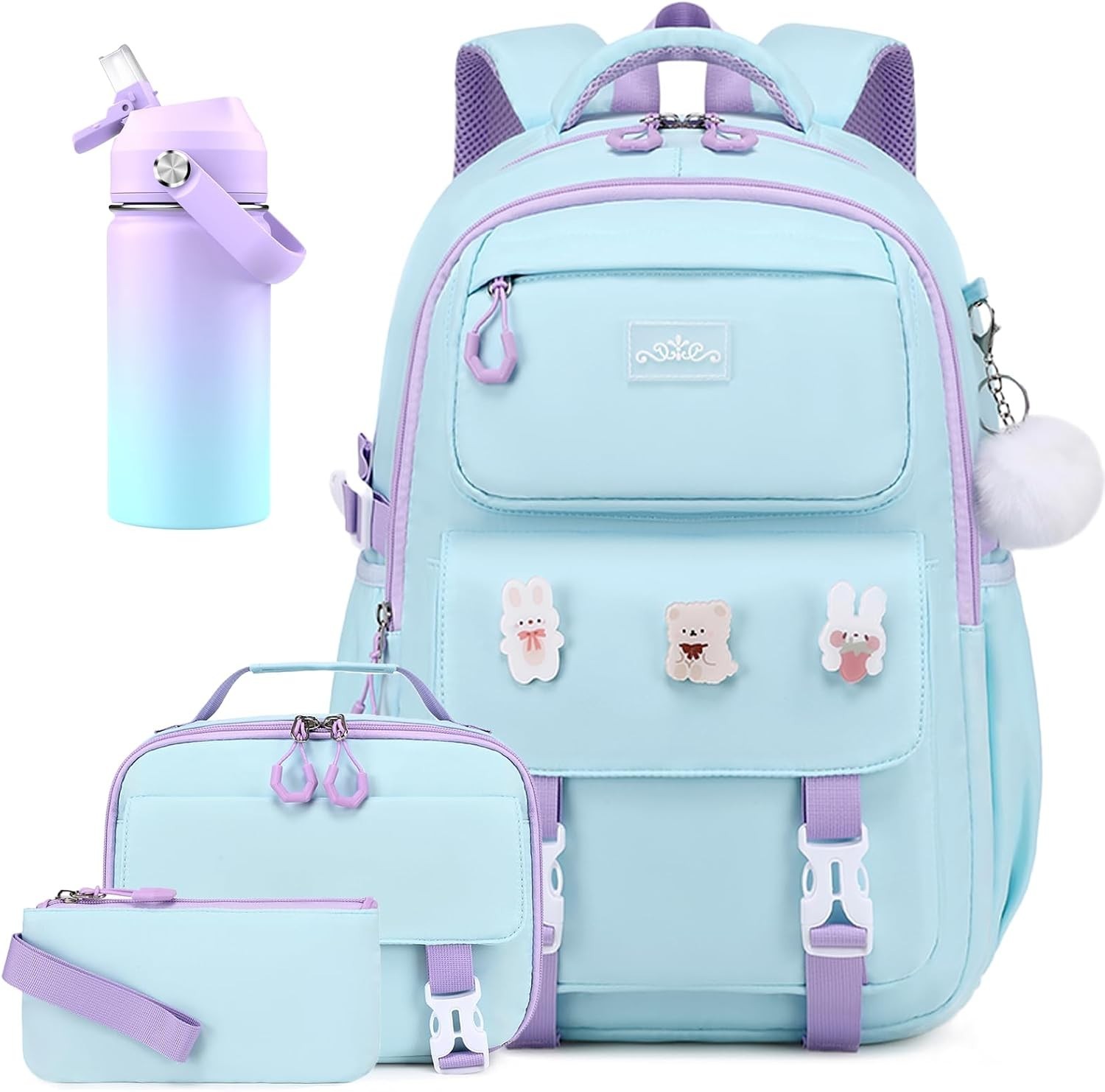 4-IN-1 School Backpack 4PCS Backpack Set with Water Bottle Aquamarine-pink Wb