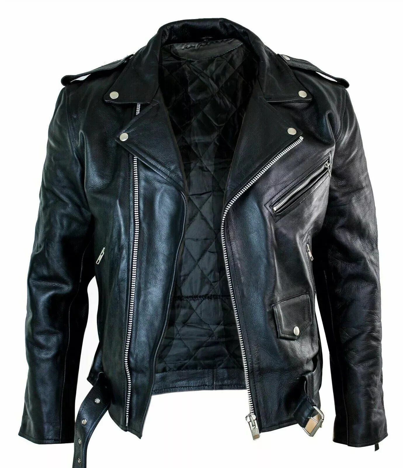 Men\'s Motorcycle Leather jacket Genuine Buffalo Skin Brando Style Black Biker