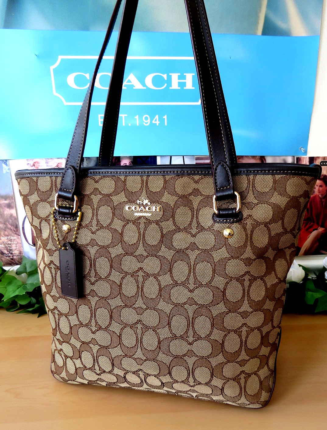 NEARLY NEW Coach Outlined Signature Jacquard & Leather Duffle Tote Shoulder Bag