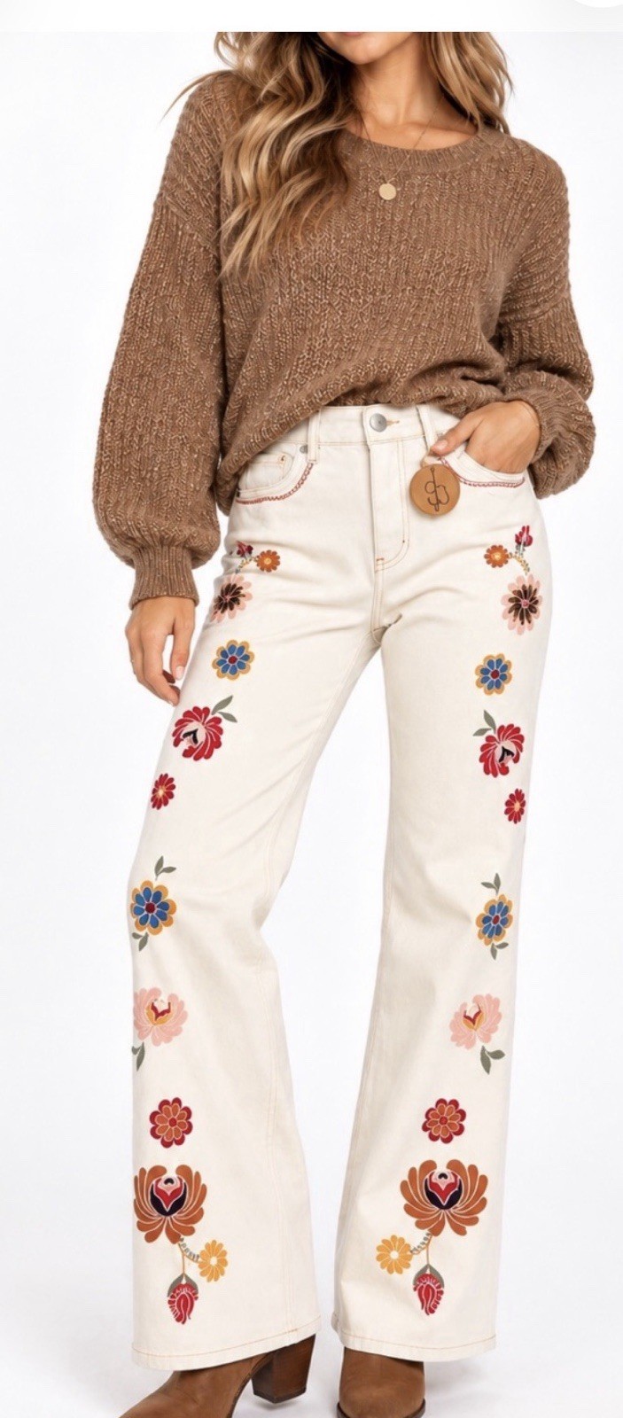 NWT Driftwood Embroidered Cream Embroidered Floral Wide-Leg Jeans $250