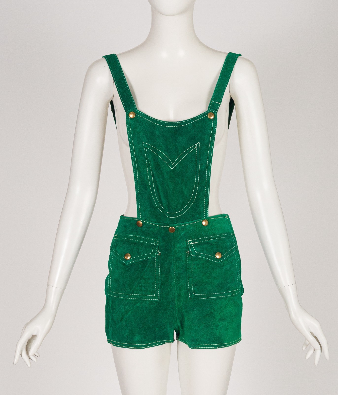 1970s Vintage Emerald Green Suede Overall Hot Pants Romper Sz XXS XS