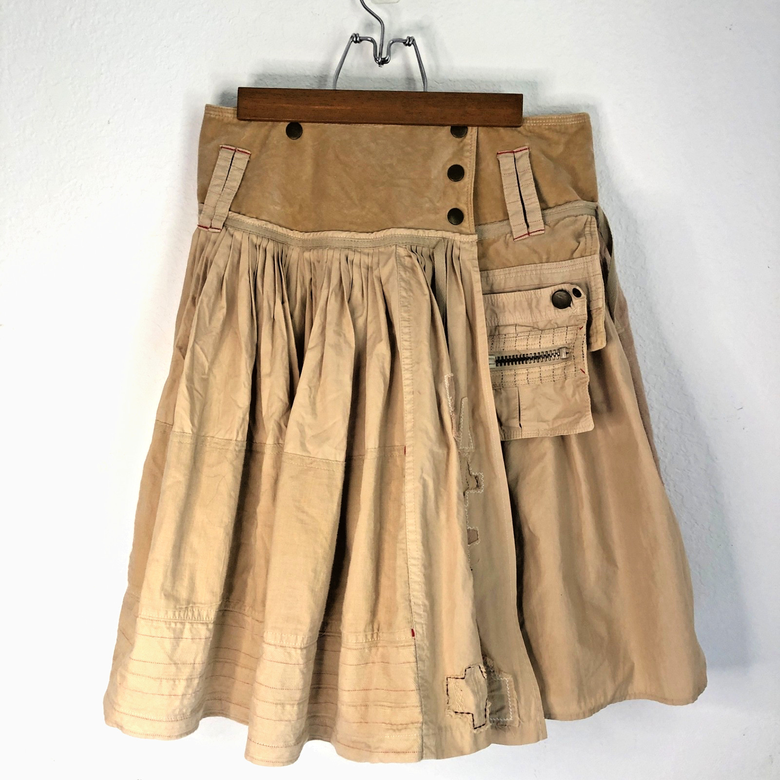 VTG Johnny Was 2WO tenten 5IVE Beige Utility Patchwork Skirt  Avant-Garde Sz. XS