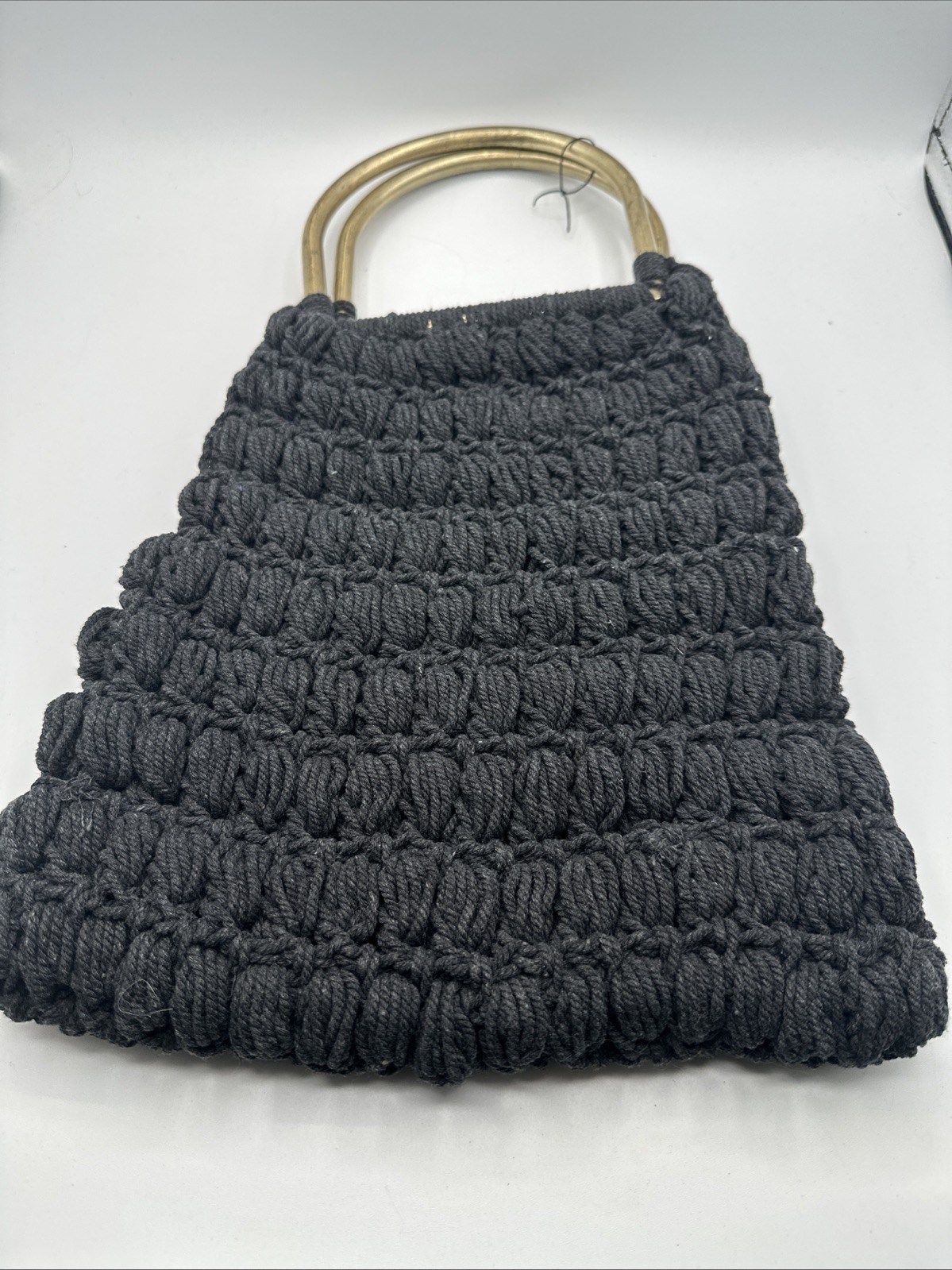 Vintage Handmade 70s Black Macrame Purse Bag Round Halloween Boho Whimsigoth