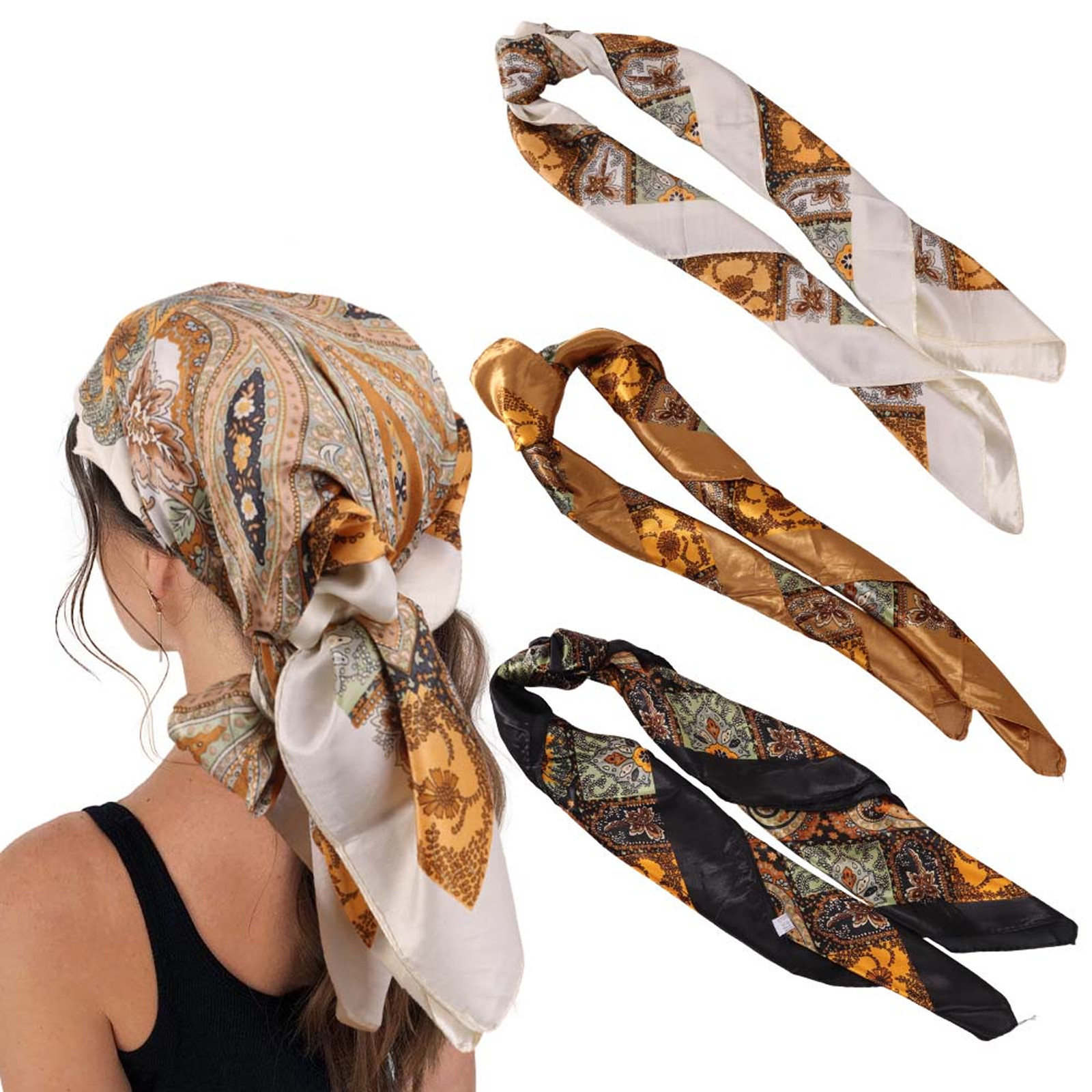 3Pcs Head Scarves for Women Satin Hair Scarf 35” Large Square Bandana Neck Scarf